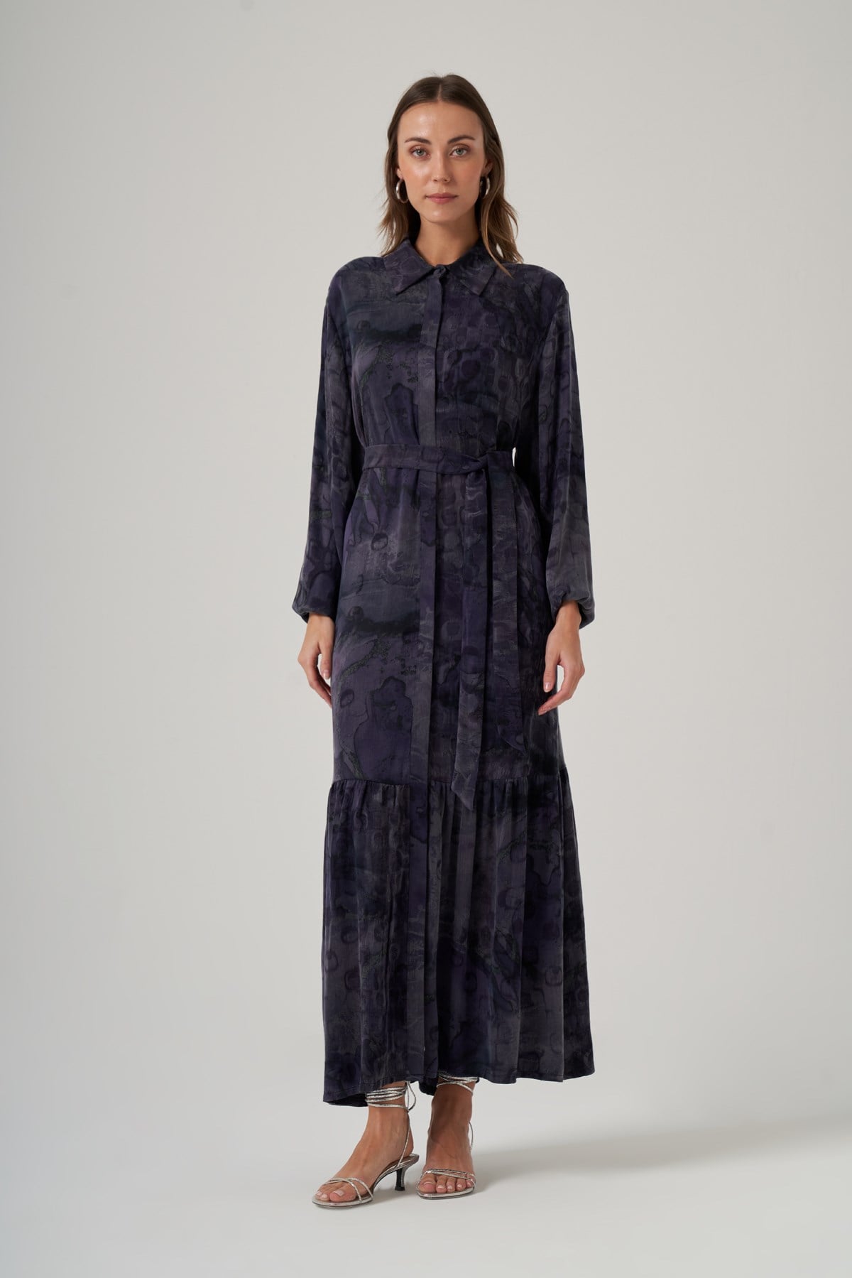 Nuss 2038 İpek Qupra Ebruli Desen Elbise - Lila