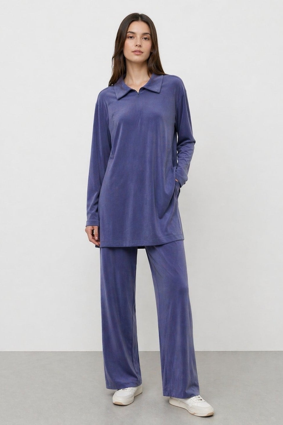 Gömlek Yaka Fermuar Detay Pantolonlu Takım 14445 - Mavi
