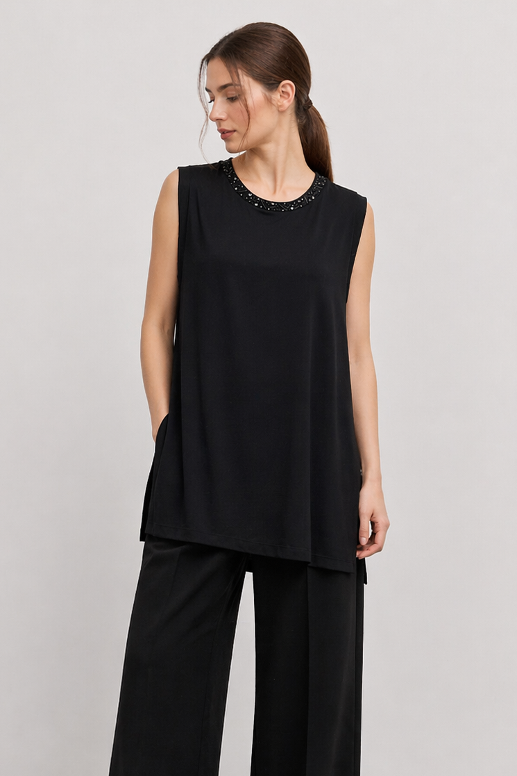 Ceremony 26Y152 Yakasi I·şlemeli Kolsuz Kısa Bambu  Bluz - Siyah