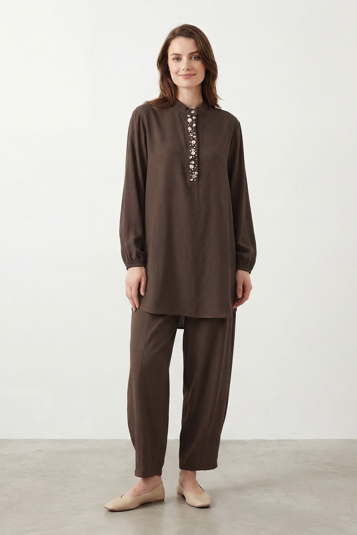 Deniz Kabuğu İşlemeli Pantolonlu Takım 14422 - Browni