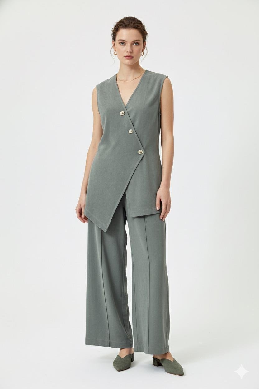 Asimetrik Gold Düğmeli Yelekli Takım 0035176 - Haki