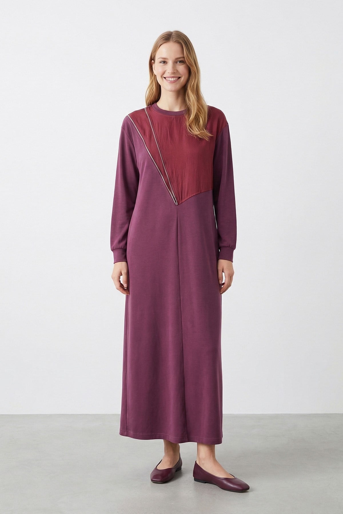 Yarım Fermuar Detay Elbise 12686 - Burgundy