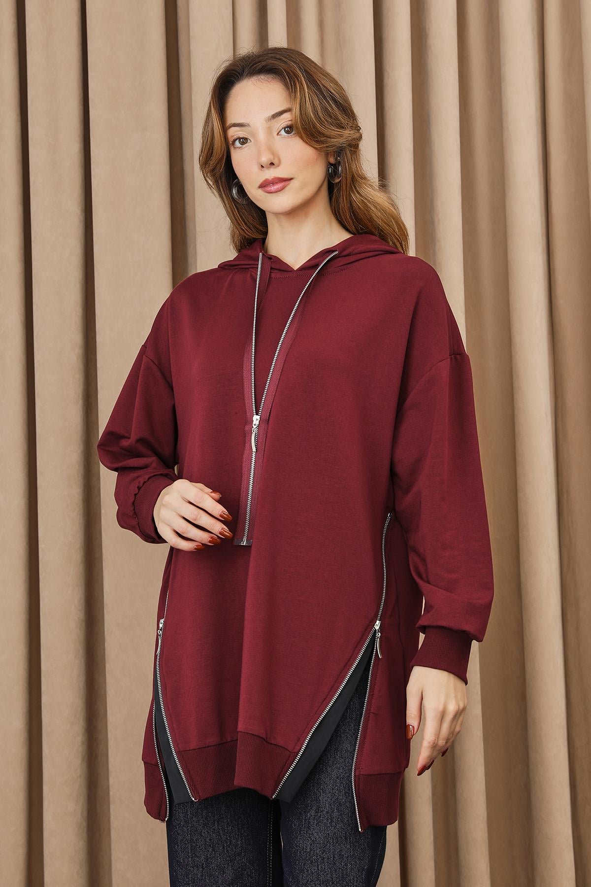 Fermuar Detaylı Kapüşonlu Tunik 10731 - Burgundy
