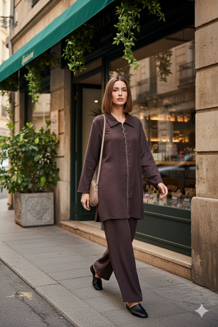 Fermuarı Taş Detaylı Pantolonlu Takım 14446 - Browni