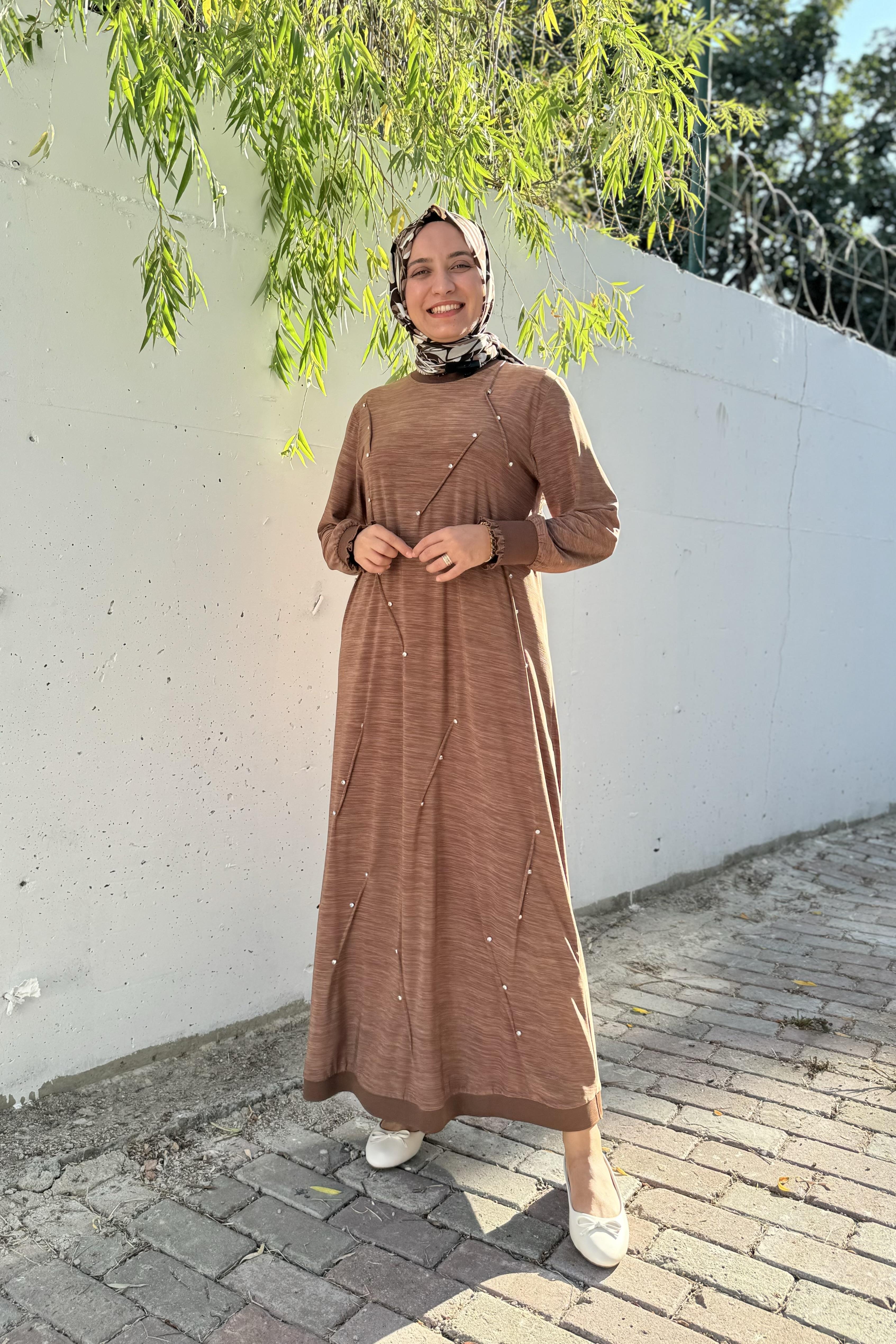 AHİ TRİKO Ahi 5253 Ön Taş İşlemeli Elbise - Kahve  Elbise 