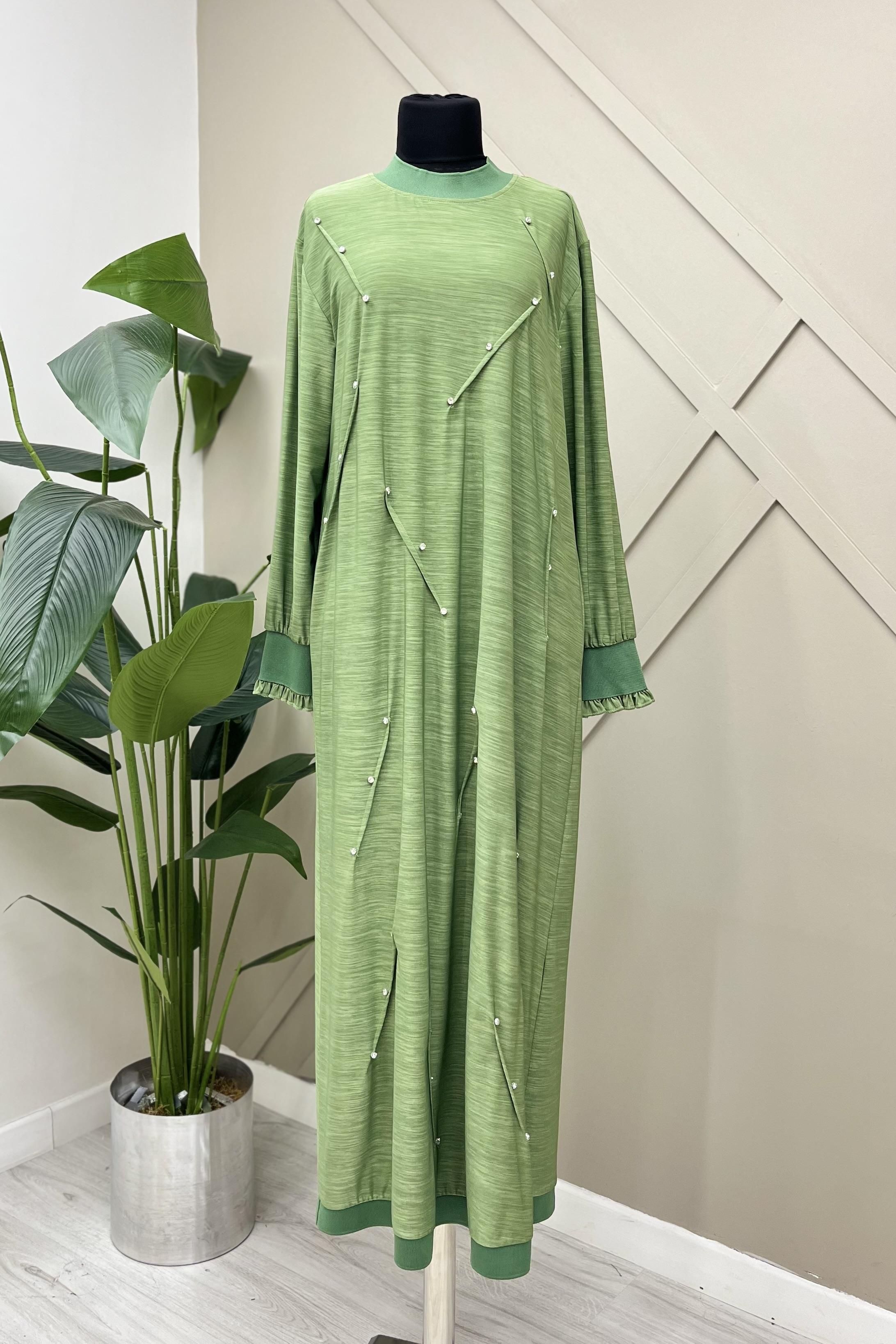 AHİ TRİKO Ahi 5253 Ön Taş İşlemeli Elbise - Yeşil  Elbise 