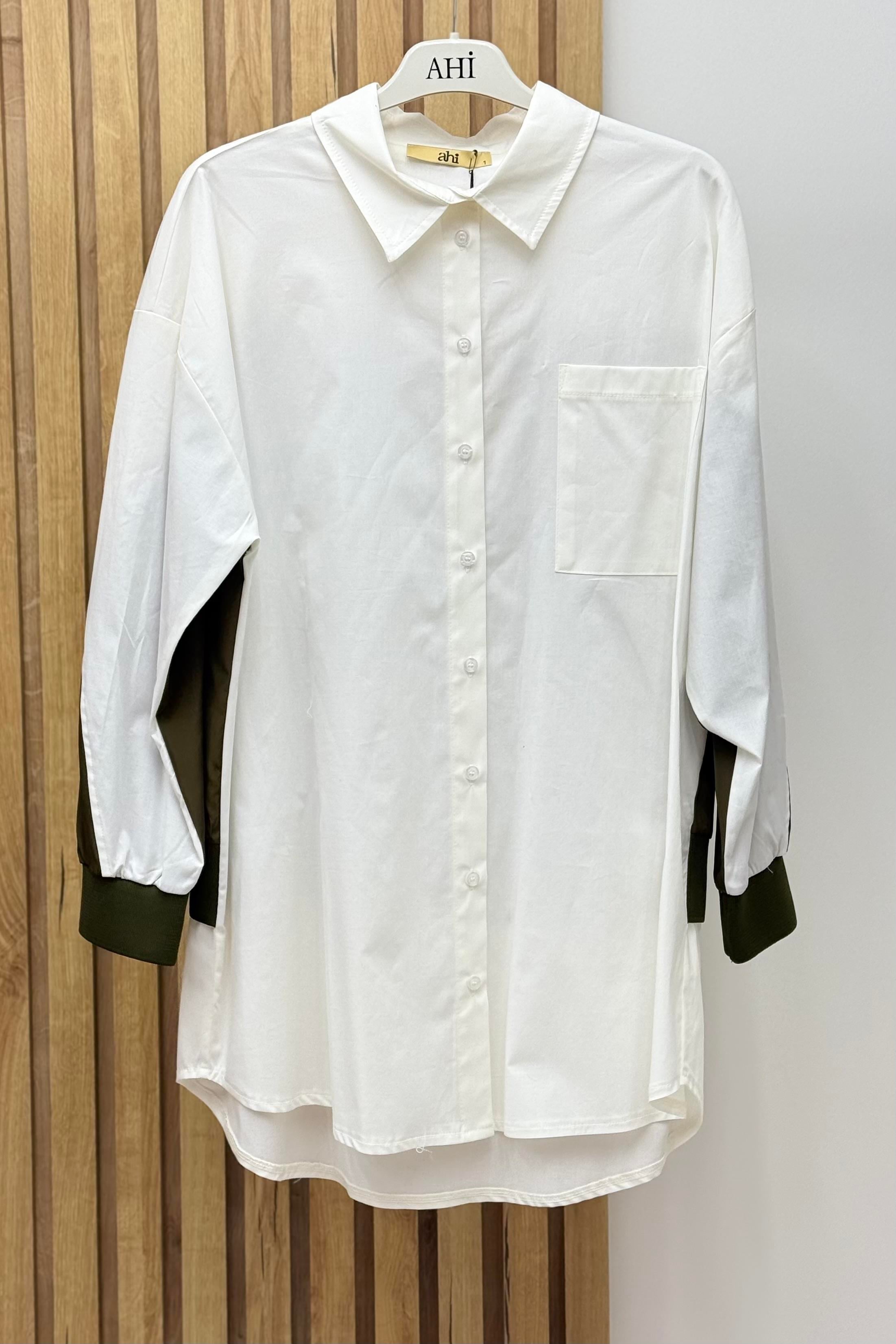 AHİ TRİKO Ahi 6060 Arka Renk Blok Detaylı Gömlek Tunik - Haki Ahi 6060 Arka Renk Blok Detaylı Gömlek Tunik - Bilen Giyim Tunik 