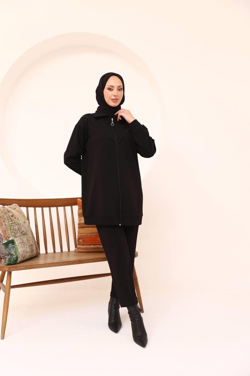 AHİ TRİKO Ahi 7049 Ceketi V Taş İşlemeli Pantolonlu Takım - Siyah  Takım 