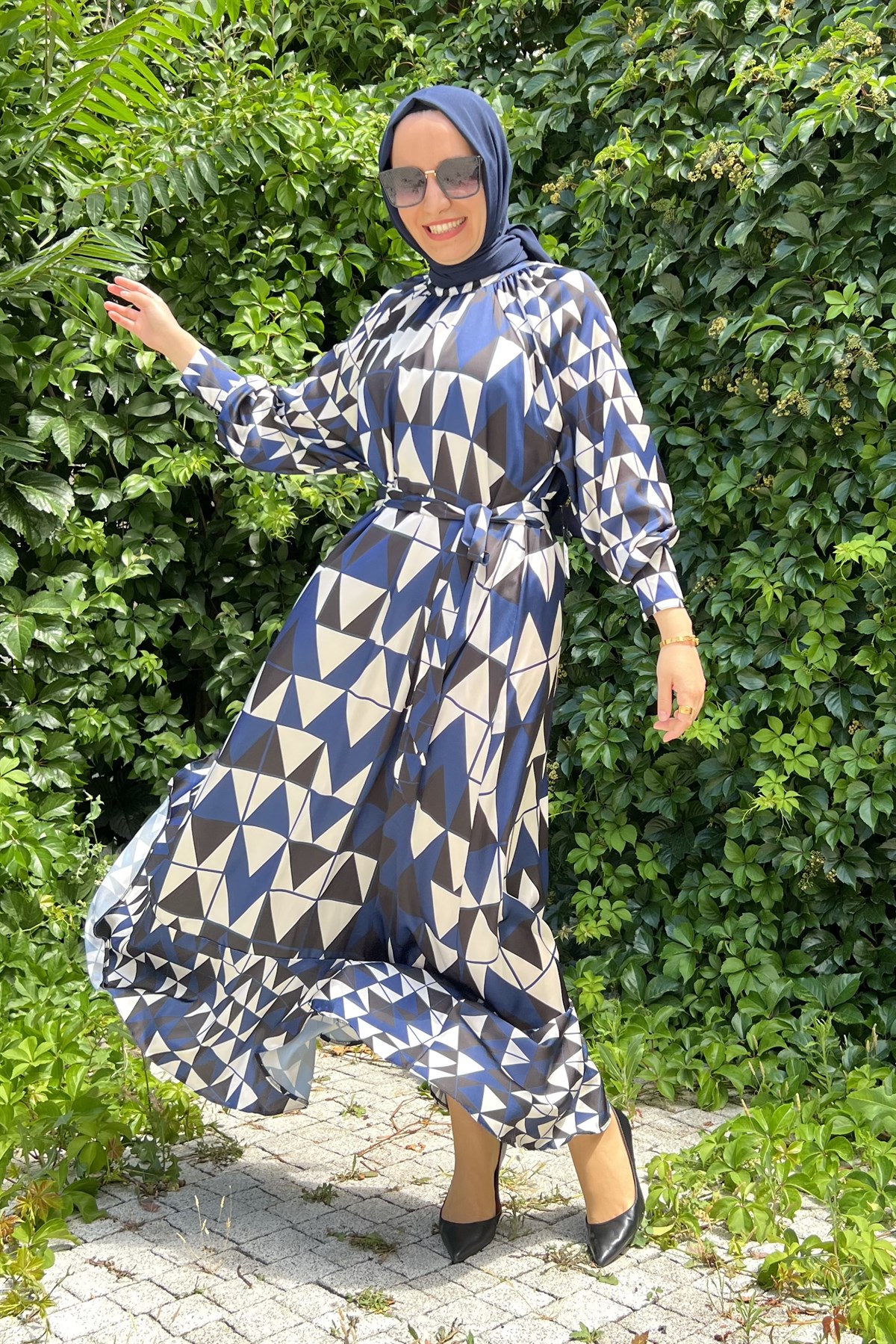 AHİ TRİKO Ahi 2063 Geometrik Desen Baskılı Elbise - İndigo