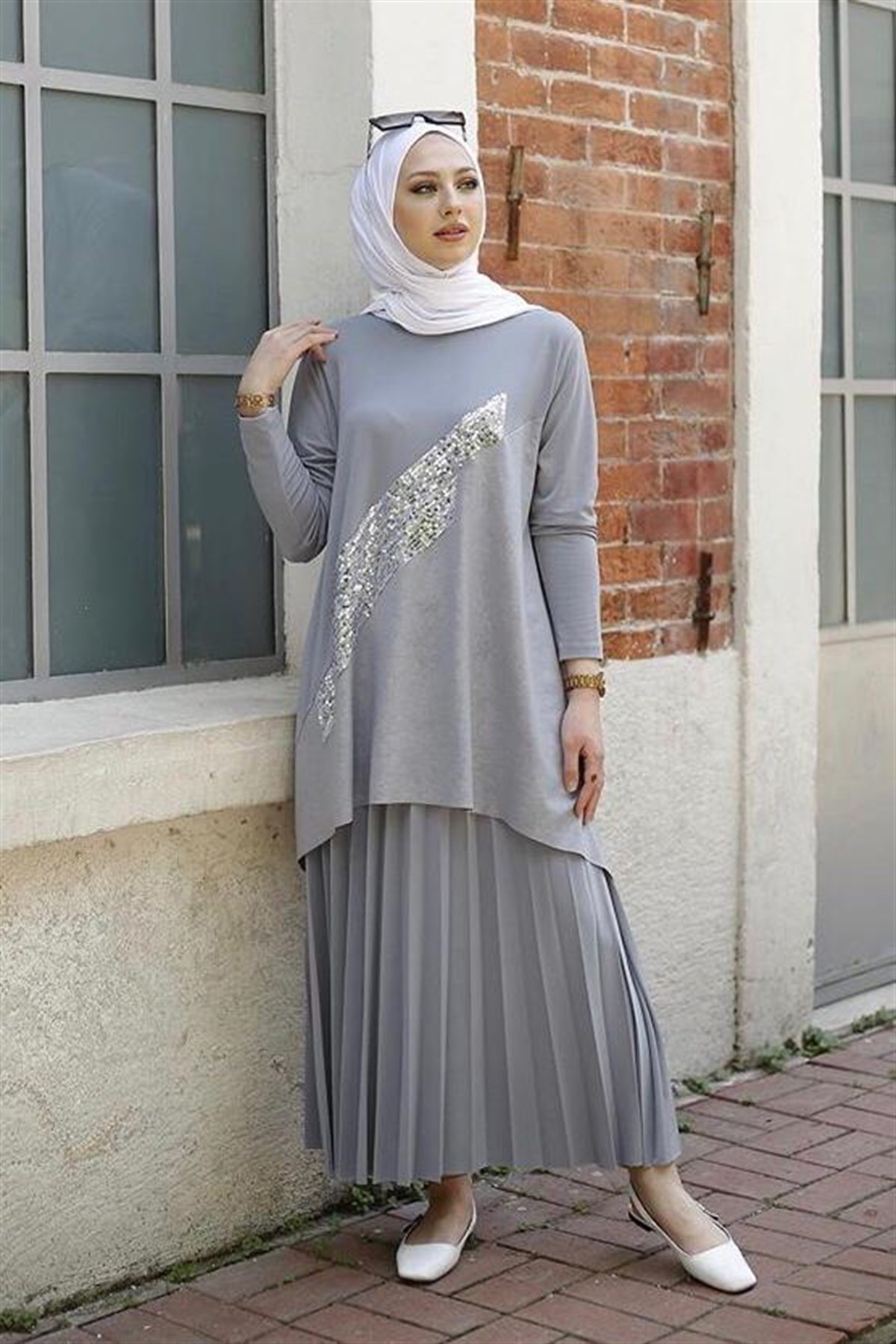 AHİAhi 6088 Ön Çapraz Payet İşlemeli İkili Takim - Gri