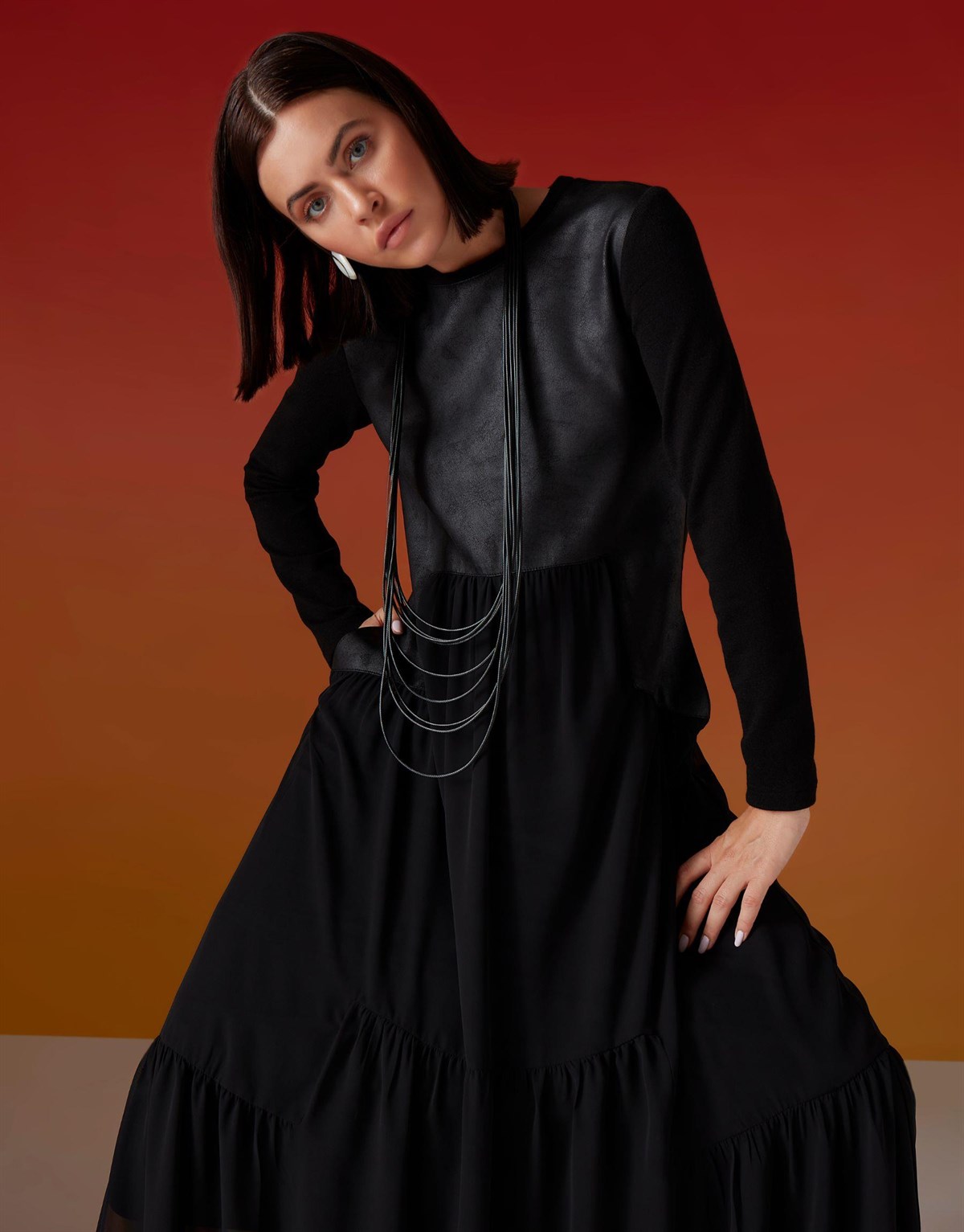 Almarwah Black 5195 Ön Deri Detay Kat Kat Elbise - Siyah Elbise ALMARWAH  BLACK - Bilen Giyim
