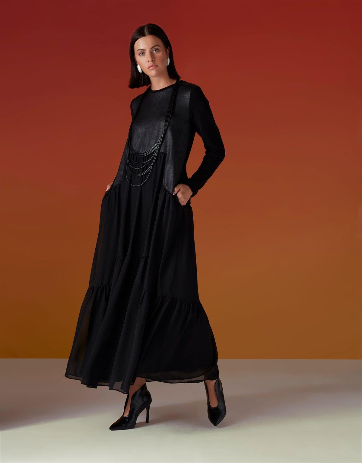 Almarwah Black 5195 Ön Deri Detay Kat Kat Elbise - Siyah Elbise ALMARWAH  BLACK - Bilen Giyim