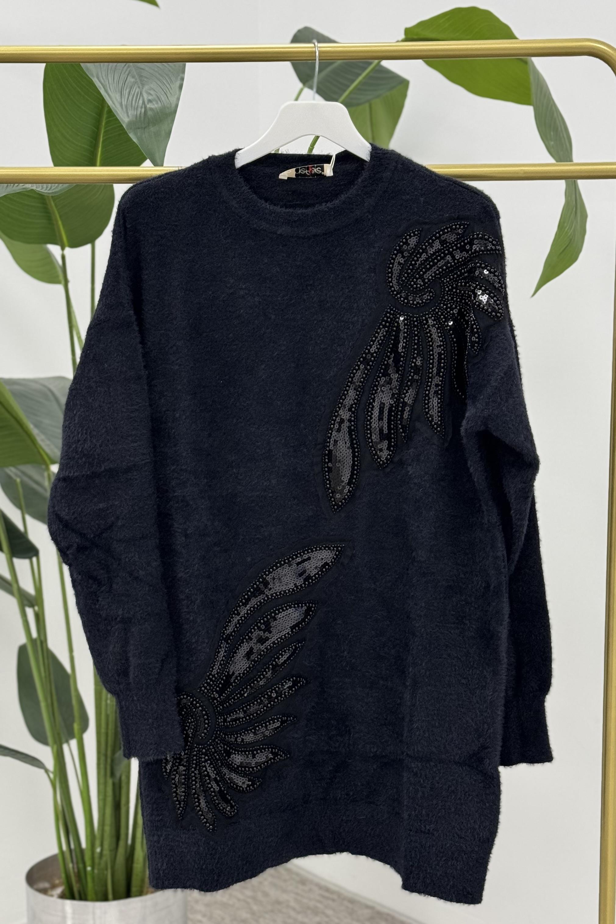 NEFİSE Angora Boncuklu Bisiklet Yaka Tunik 140297 - Siyah  Tunik 