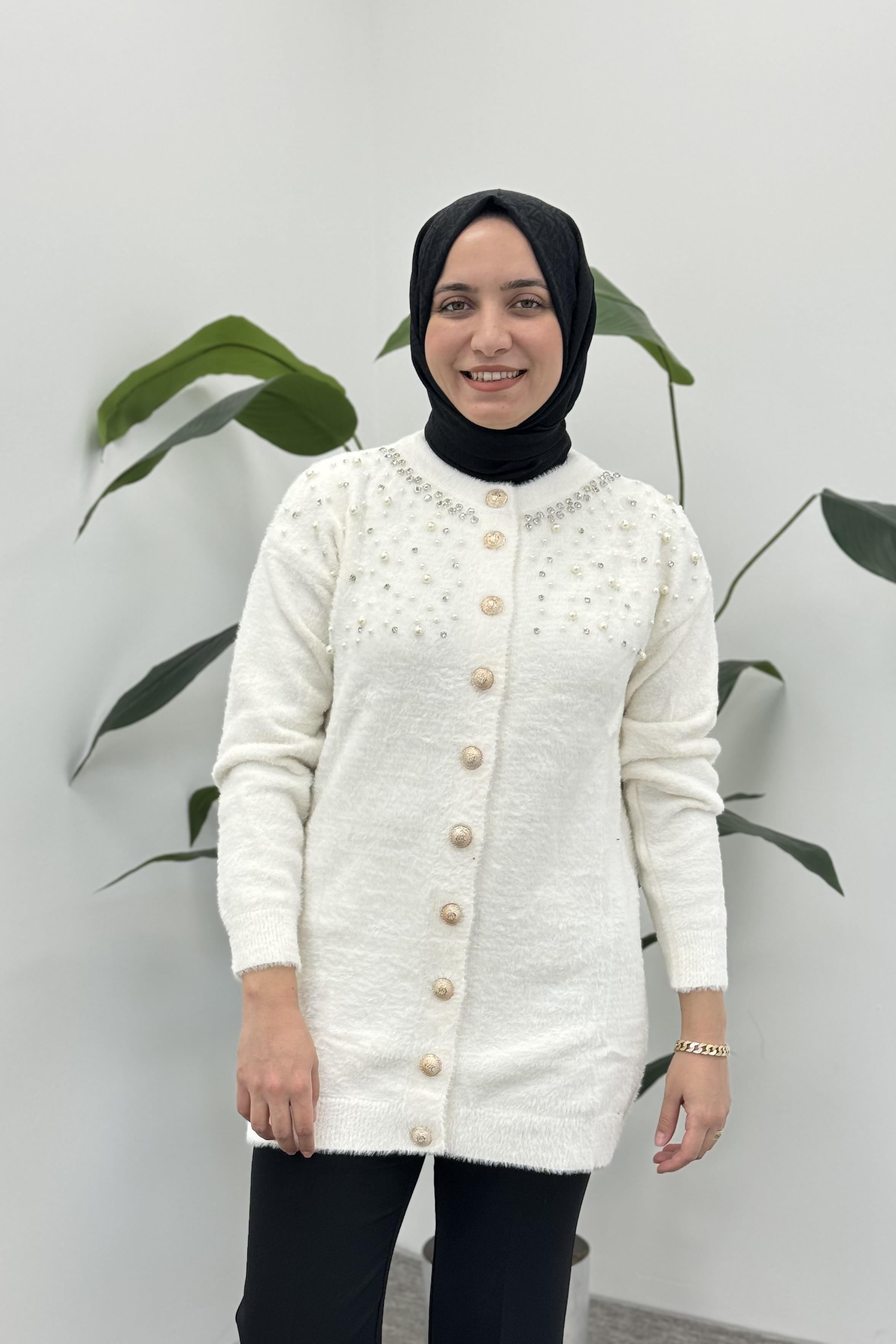 NEFİSE Angora İncili Uzun Hırka 7585 - Vanilya Angora İncili Uzun Hırka 7585 - Vanilya- Bilen Giyim Hırka 