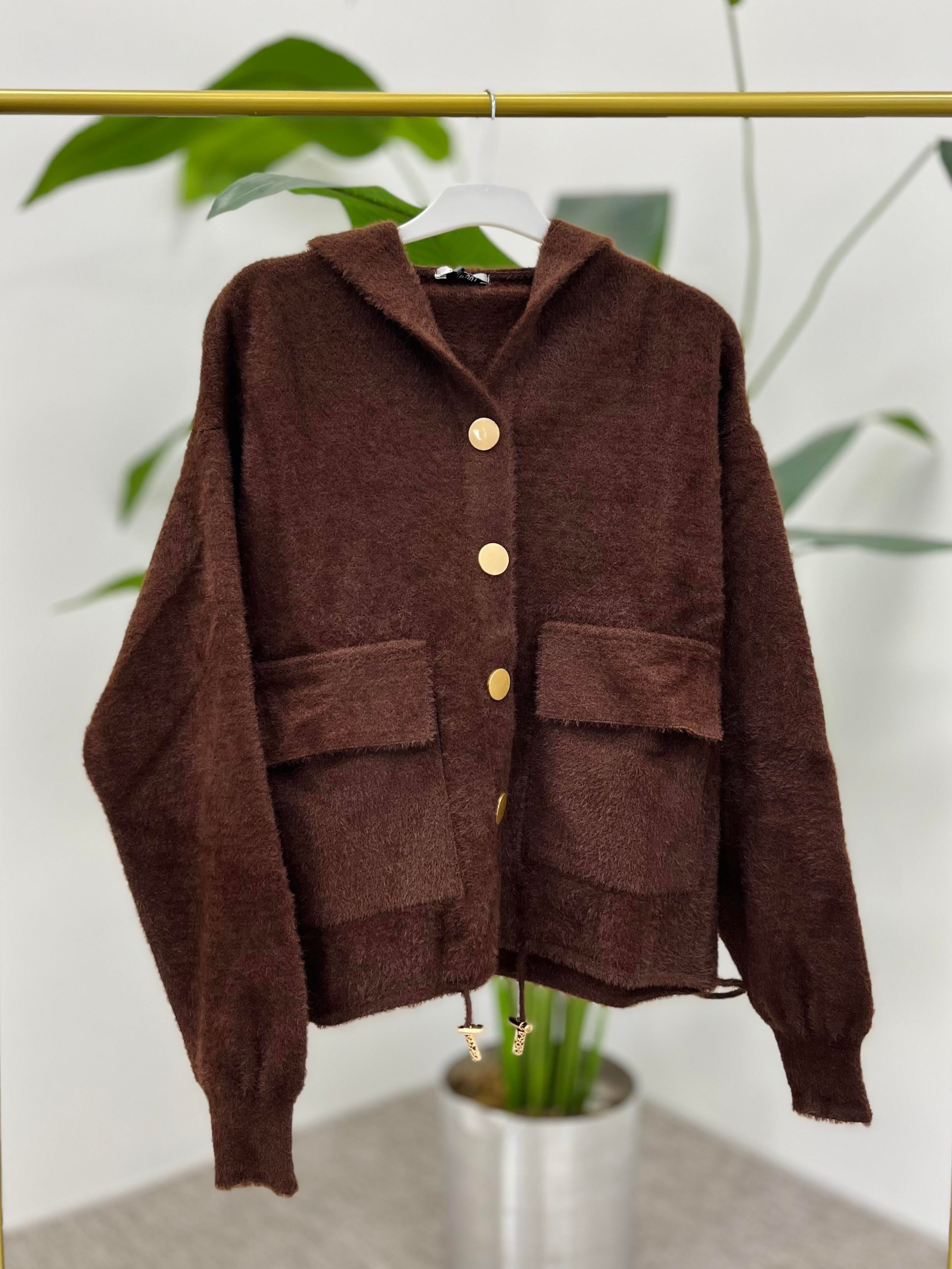 NEFİSE Angora Kapüşonlu Düğmeli Hırka 14944 - Kahve  Hırka 