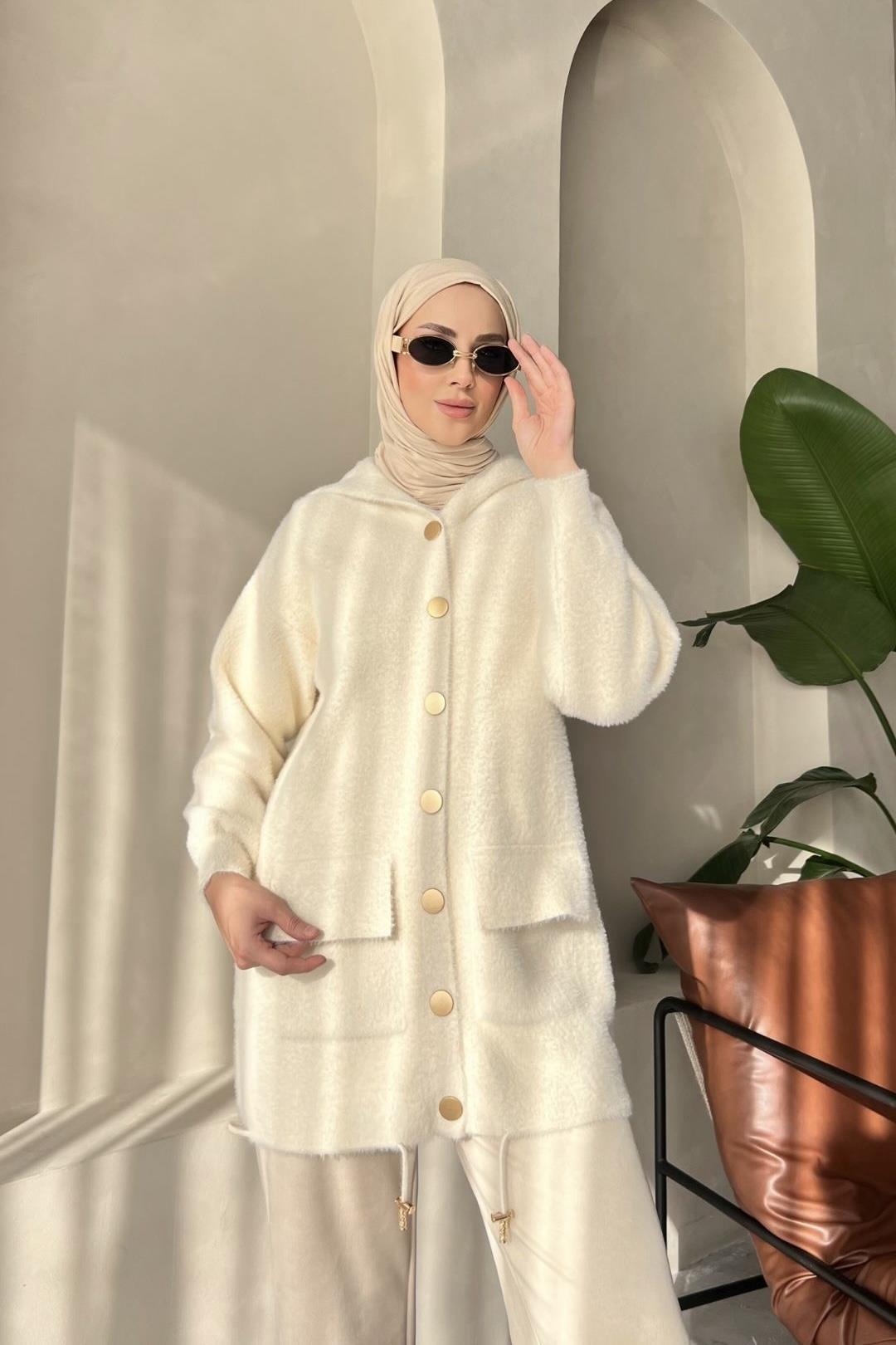 NEFİSE Angora Kapüşonlu Uzun Hırka 140105 - Vanilya  Hırka 