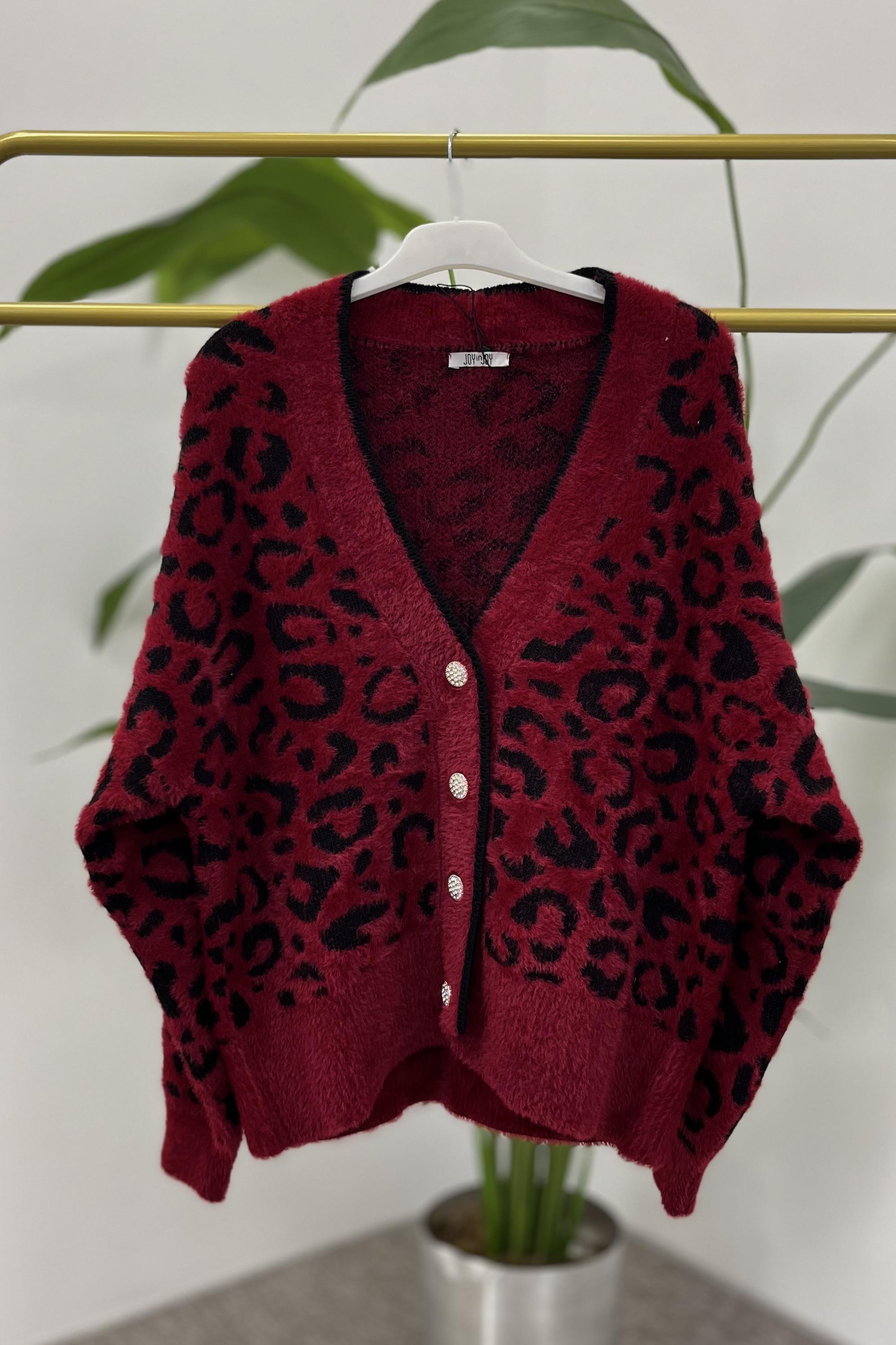 NEFİSE Angora Leopar Desenli Ceket Hırka 7588 - Bordo Siyah  Hırka 