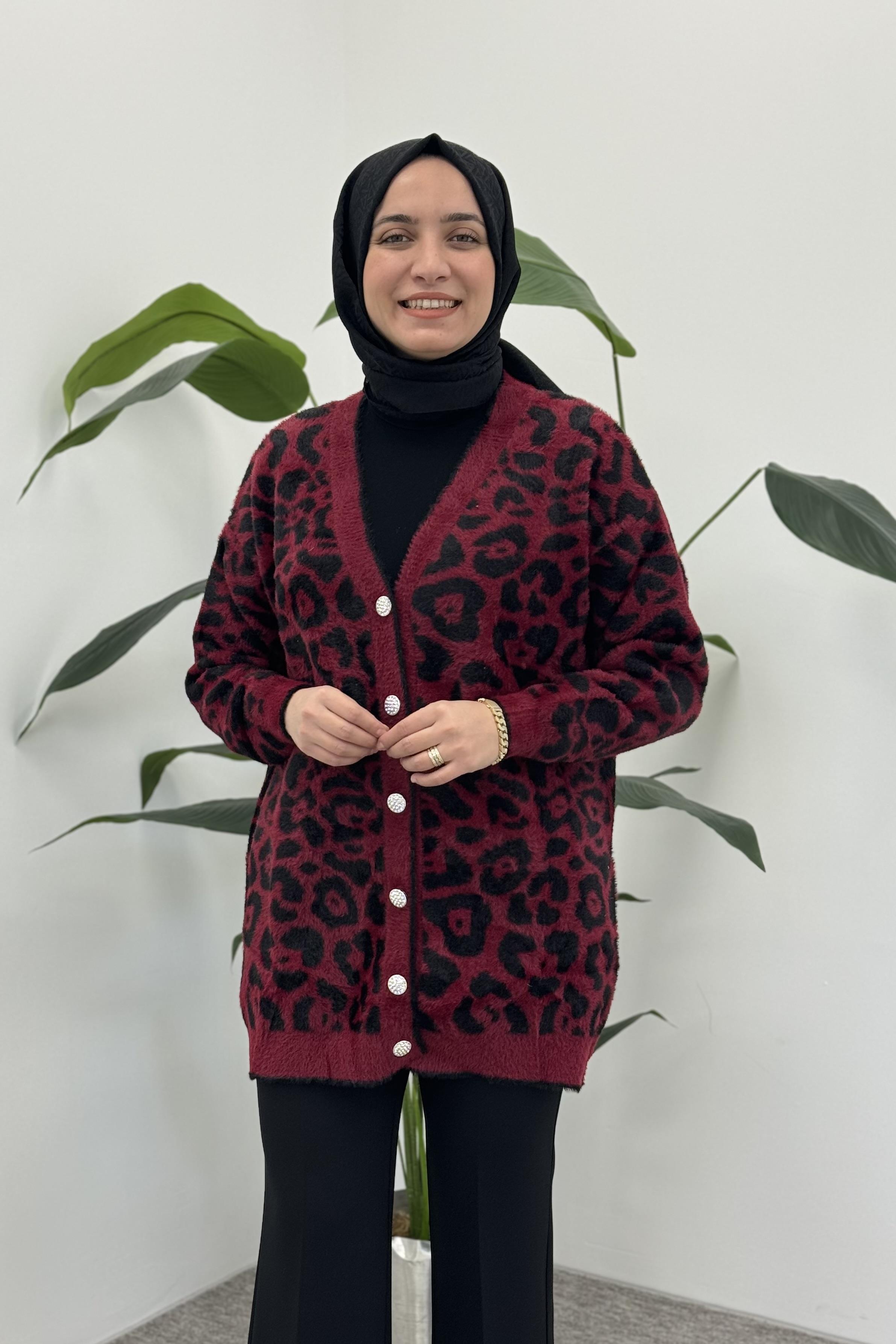 NEFİSE Angora Leopar Desenli Uzun Hırka 101003 - Bordo  Hırka 