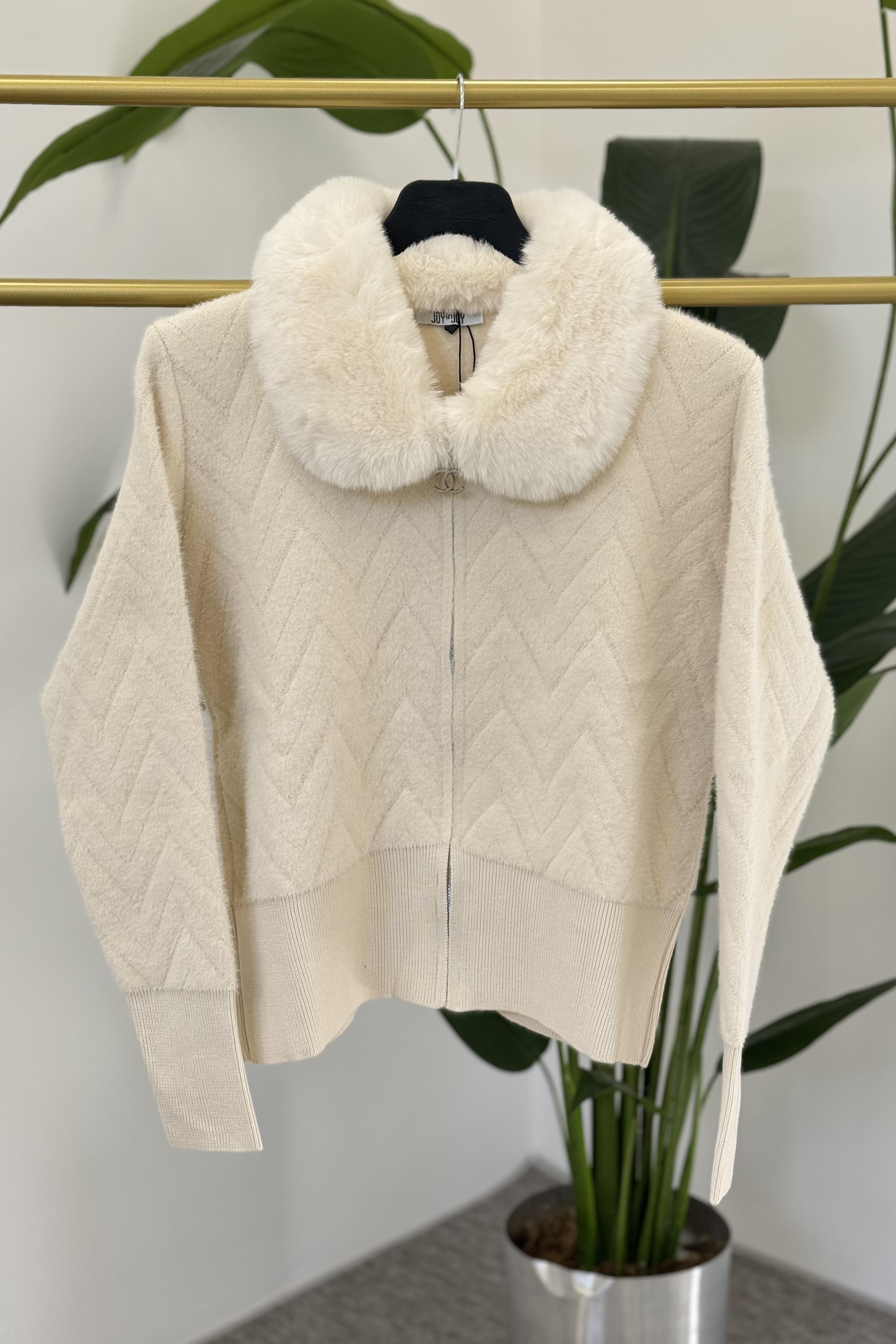 NEFİSE Angora Yakası Kürklü Hırka 140243 - Vanilya  Hırka 