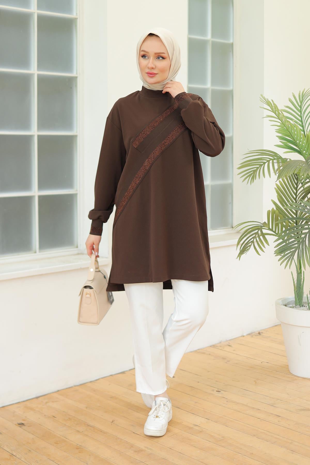 ARMİNE TREND Armine Trend 24Kt418 Çapraz Sim Biyeli Tunik - Kahverengi  Tunik 