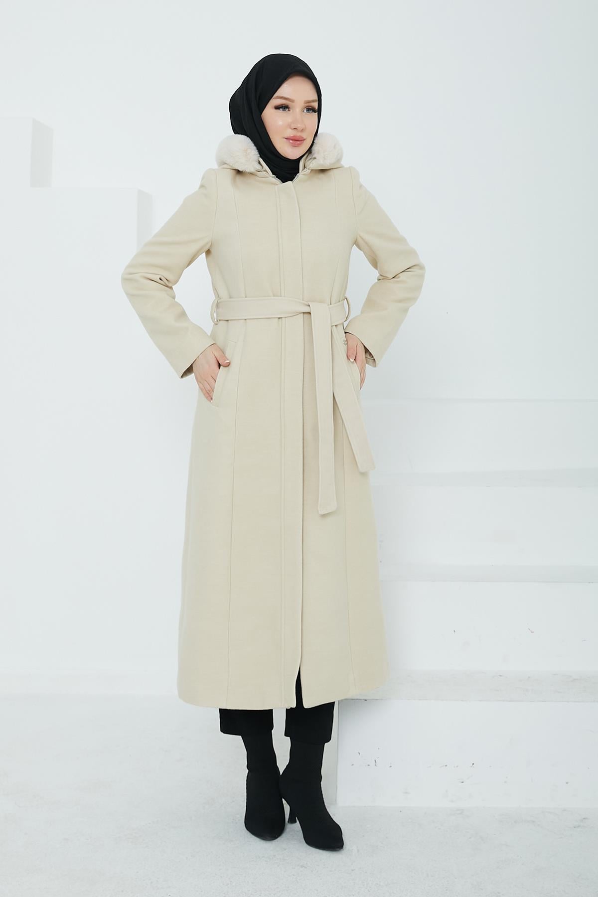 ARMİNE TREND Armine Trend 24Kt742 Fermuarlı Kemer Detaylı Kaban - Bej  Kaban & Mont 