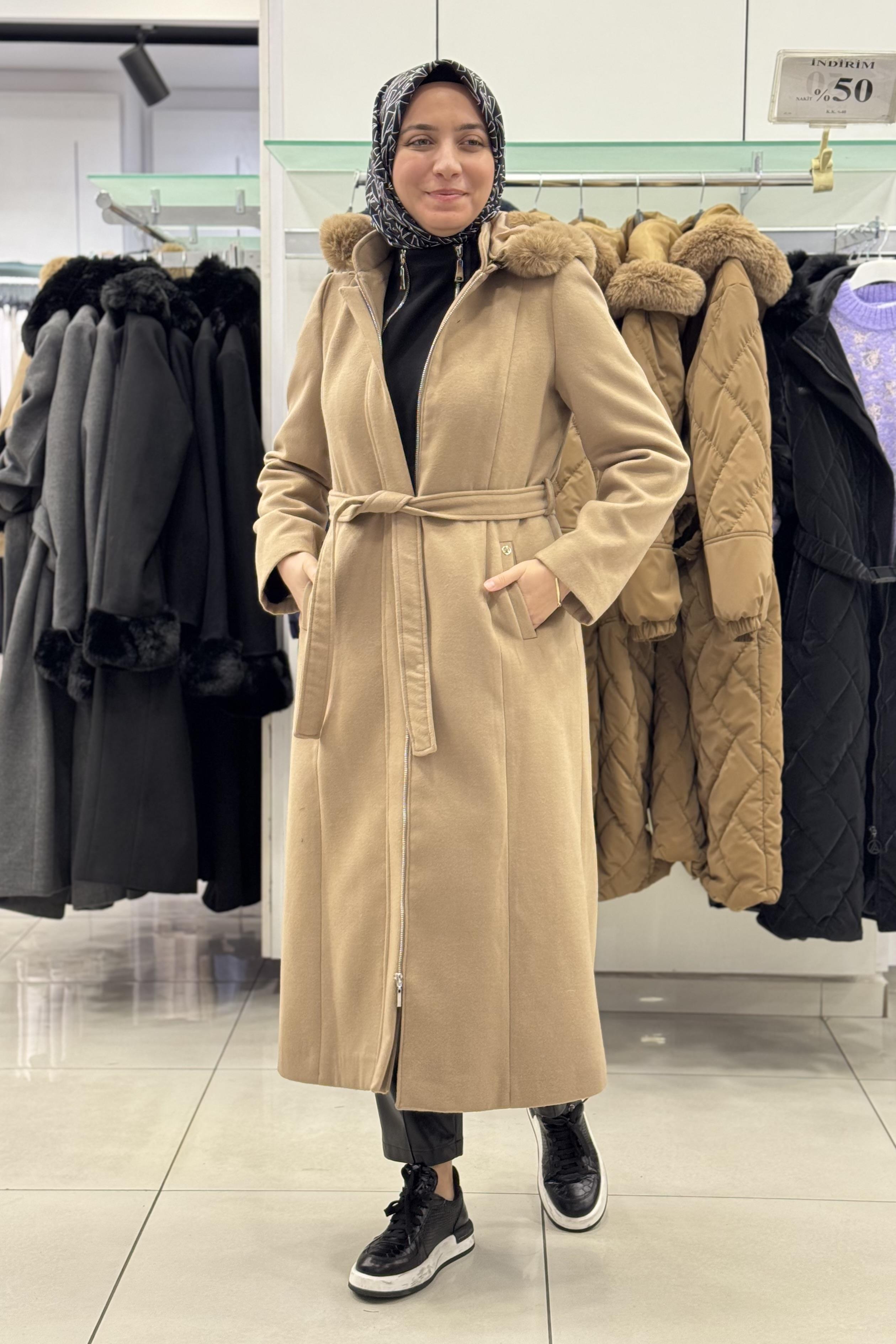 ARMİNE TREND Armine Trend 24Kt742 Fermuarlı Kemer Detaylı Kaban - Vizon  Kaban & Mont 