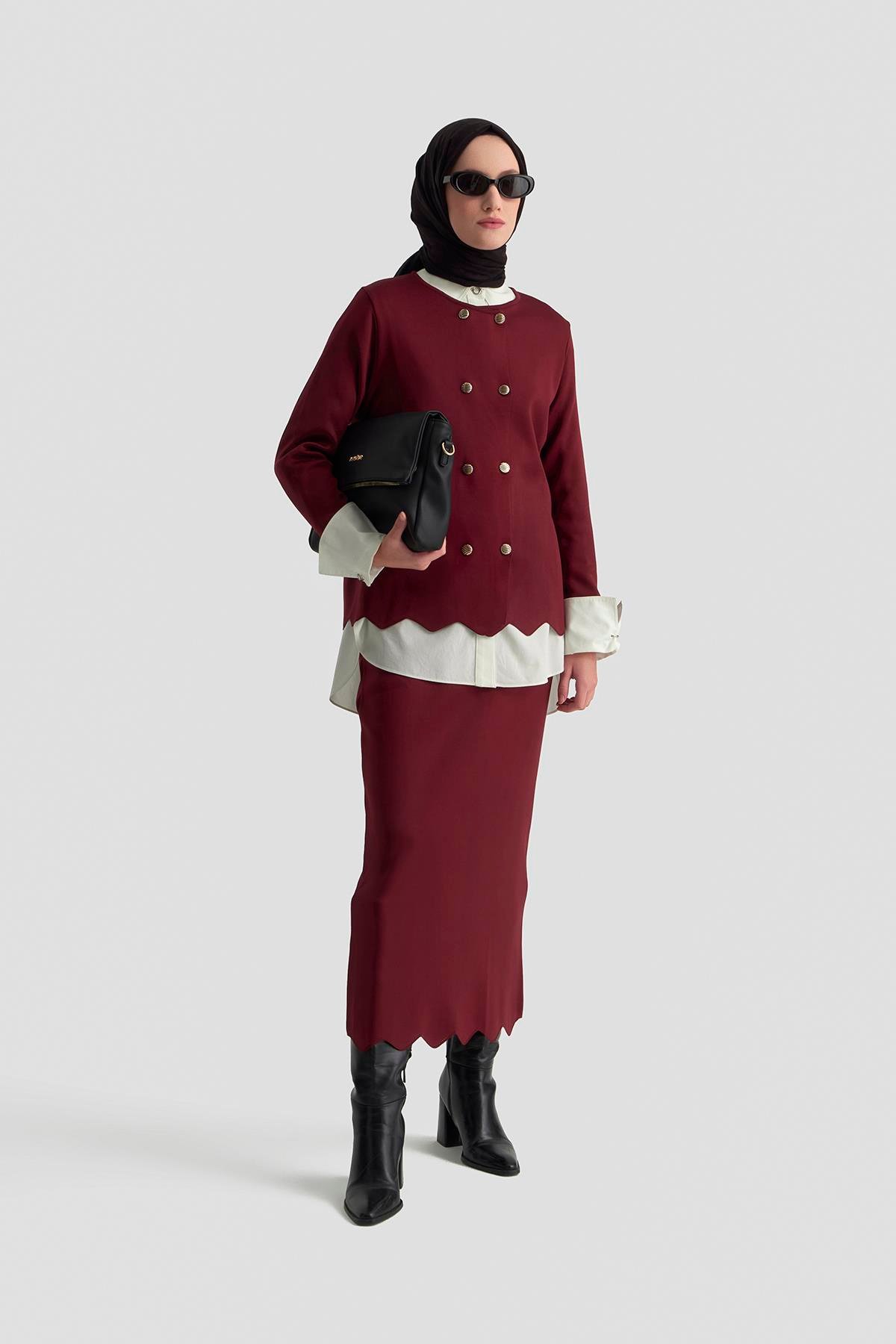 Armine Trend 25YTD6118 Çift Düğme Detaylı Etekli Takım - Bordo