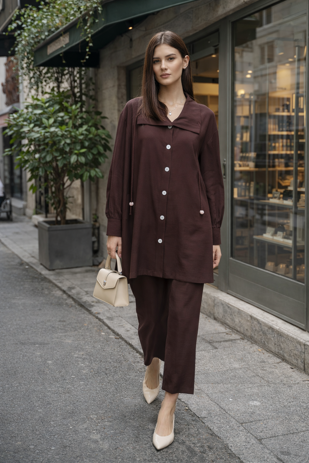 Armine Trend 26YT658 Düğme Detaylı Pantolonlu Takım - Kahverengi