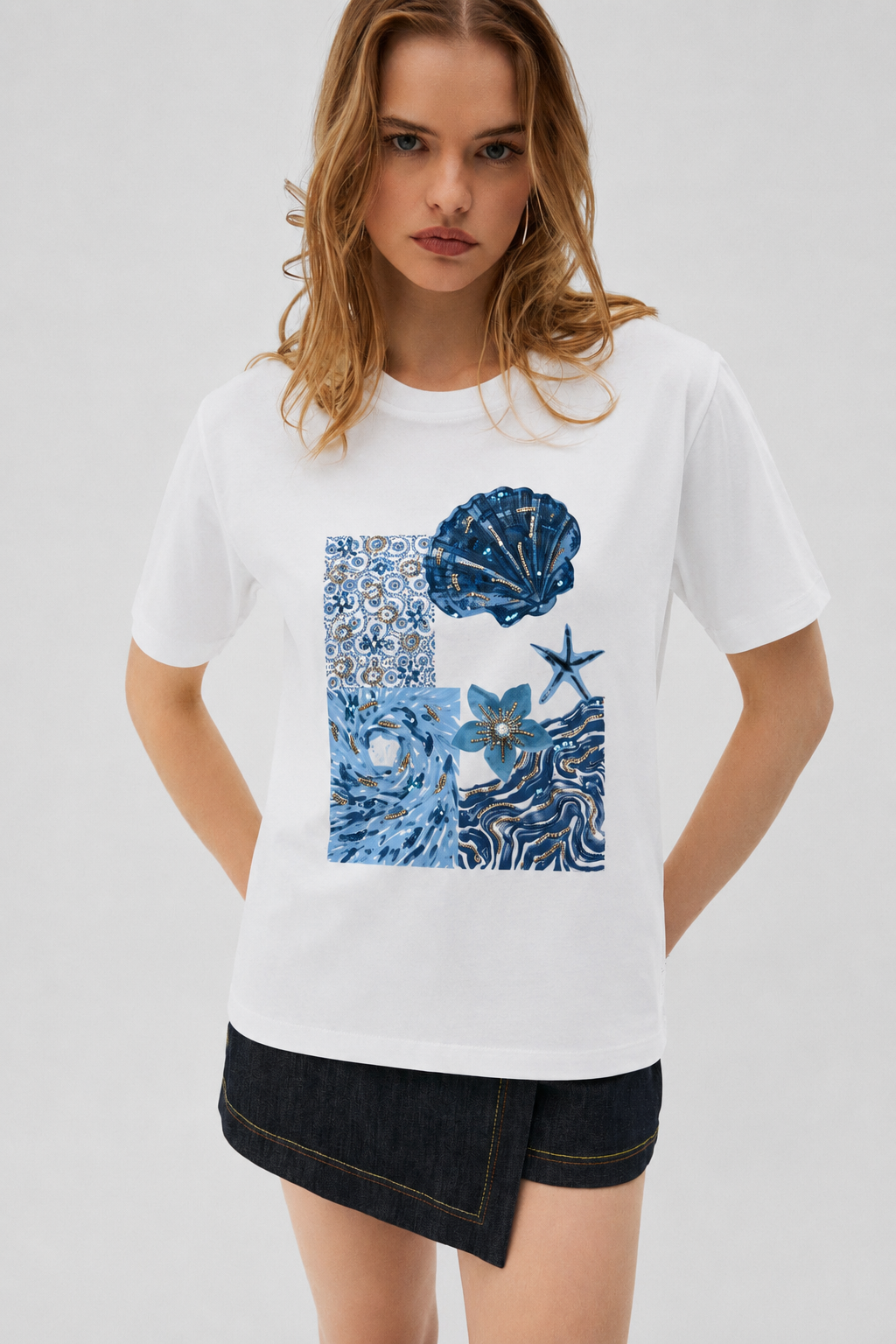 Deniz Kabuğu Payet İşlemeli Tshirt 4048 - Beyaz