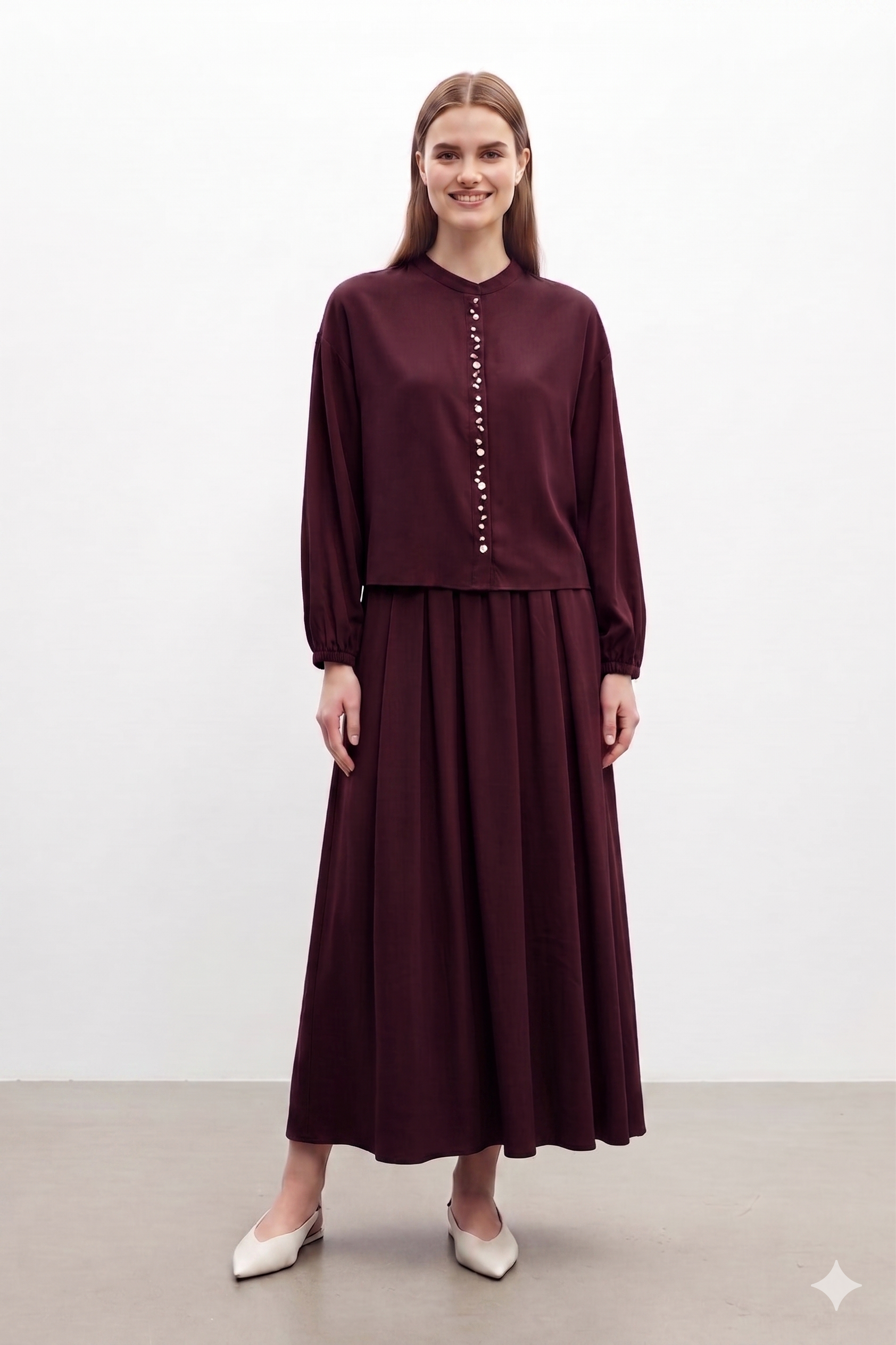 Deniz Kabuğu İşlemeli Etekli Takım 14434 - Burgundy