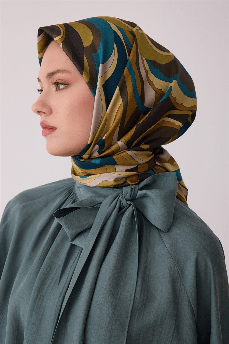 Belli 4414 Dalga Katmanları Soyut %100 Twill İpek Eşarp Olive Eşarp BELLI 
