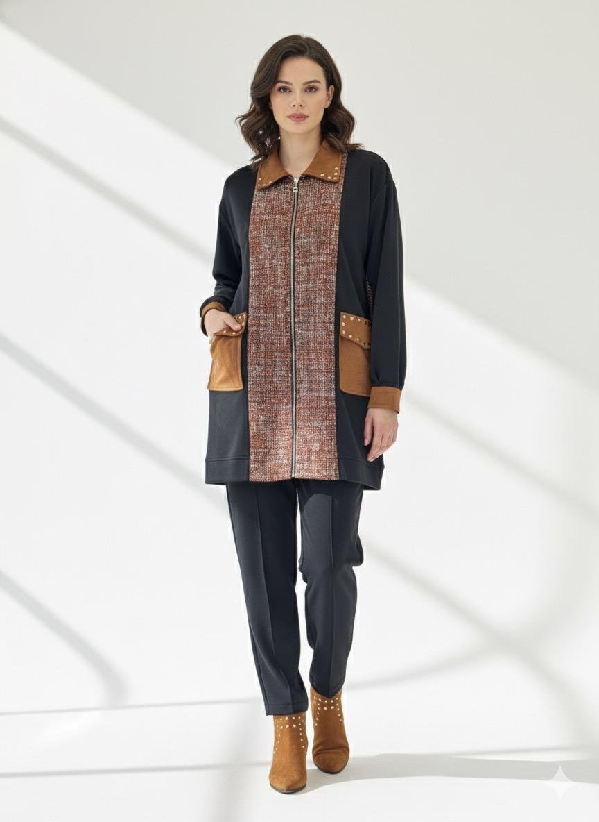 Cep ve Yaka Zımba Detay Pantolonlu Takım 1411 - Siyah