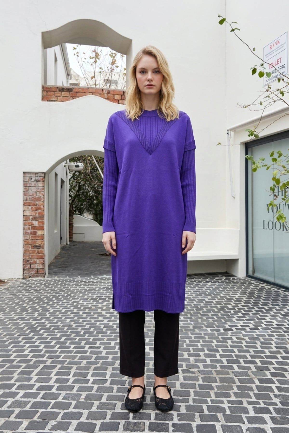 Ön V Detay Uzun Tunik 35326 Mor Tunik Miss Knit 