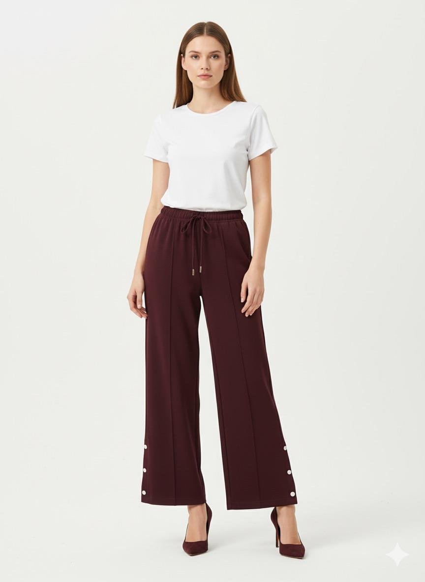 Çıtçıtlı Geniş Paça Pantolon 33671 - Bordo