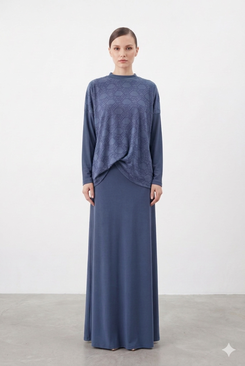 Nuss 1058 Bluzu Büzgü Detay Etekli Takım - İndigo