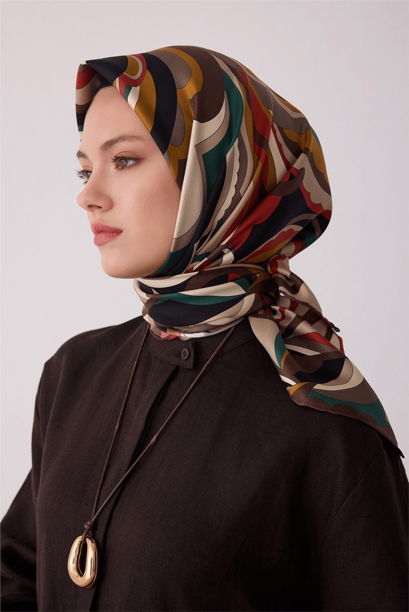 Belli 4414 Dalga Katmanları Soyut %100 Twill İpek Eşarp Sütlü Kahve Eşarp BELLI 