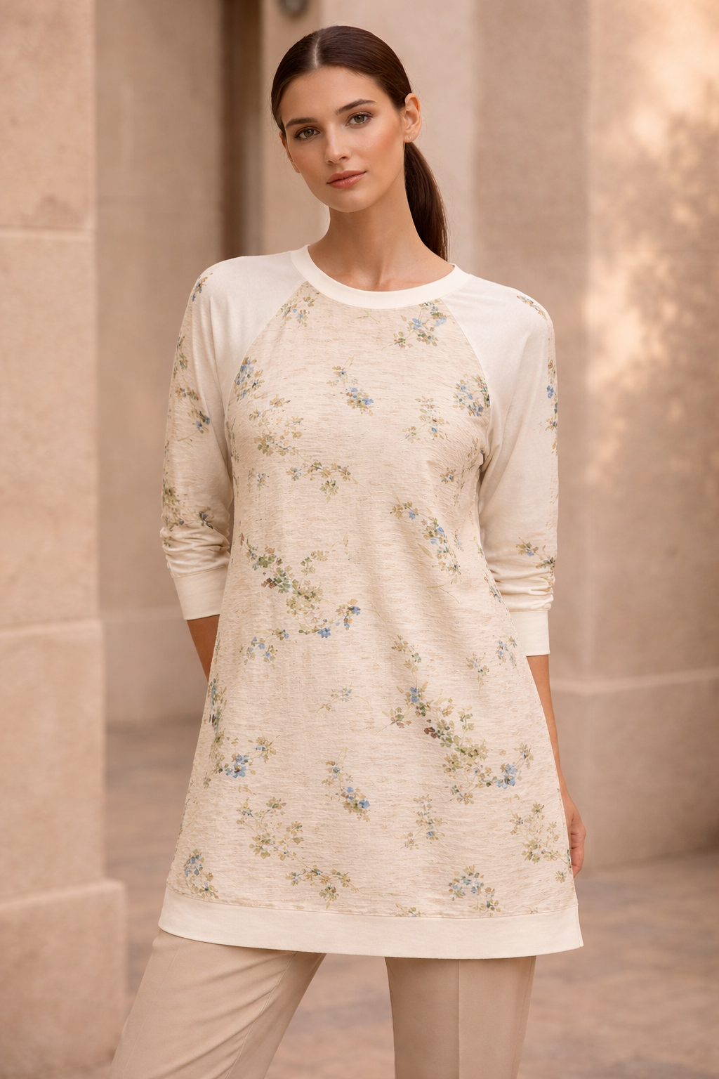 Fuat Gürşen 5335-1 Kendenden Jakar Baskılı Tunik - Bej - Çiçekli