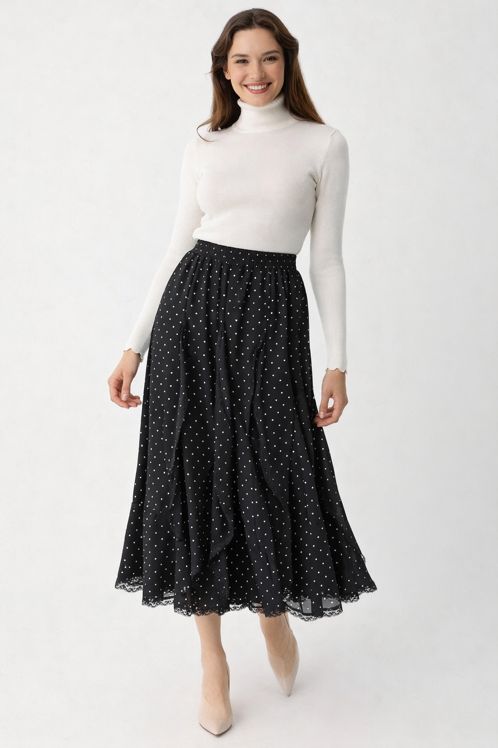 Volanları Dantel İşlemeli Puantiyeli Etek 168858 - Siyah