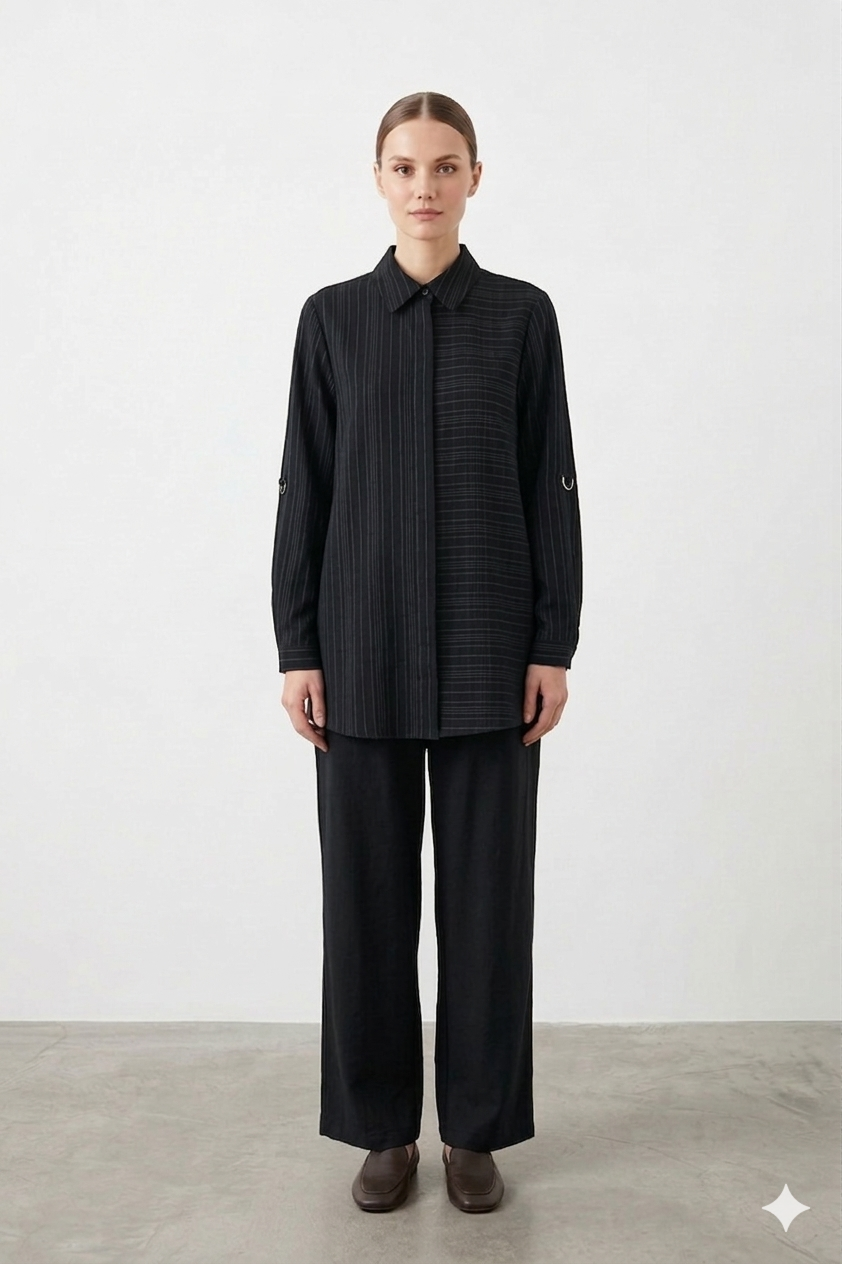 Nuss 1055 Kendinden Çizgili Pantolonlu Takım - Siyah