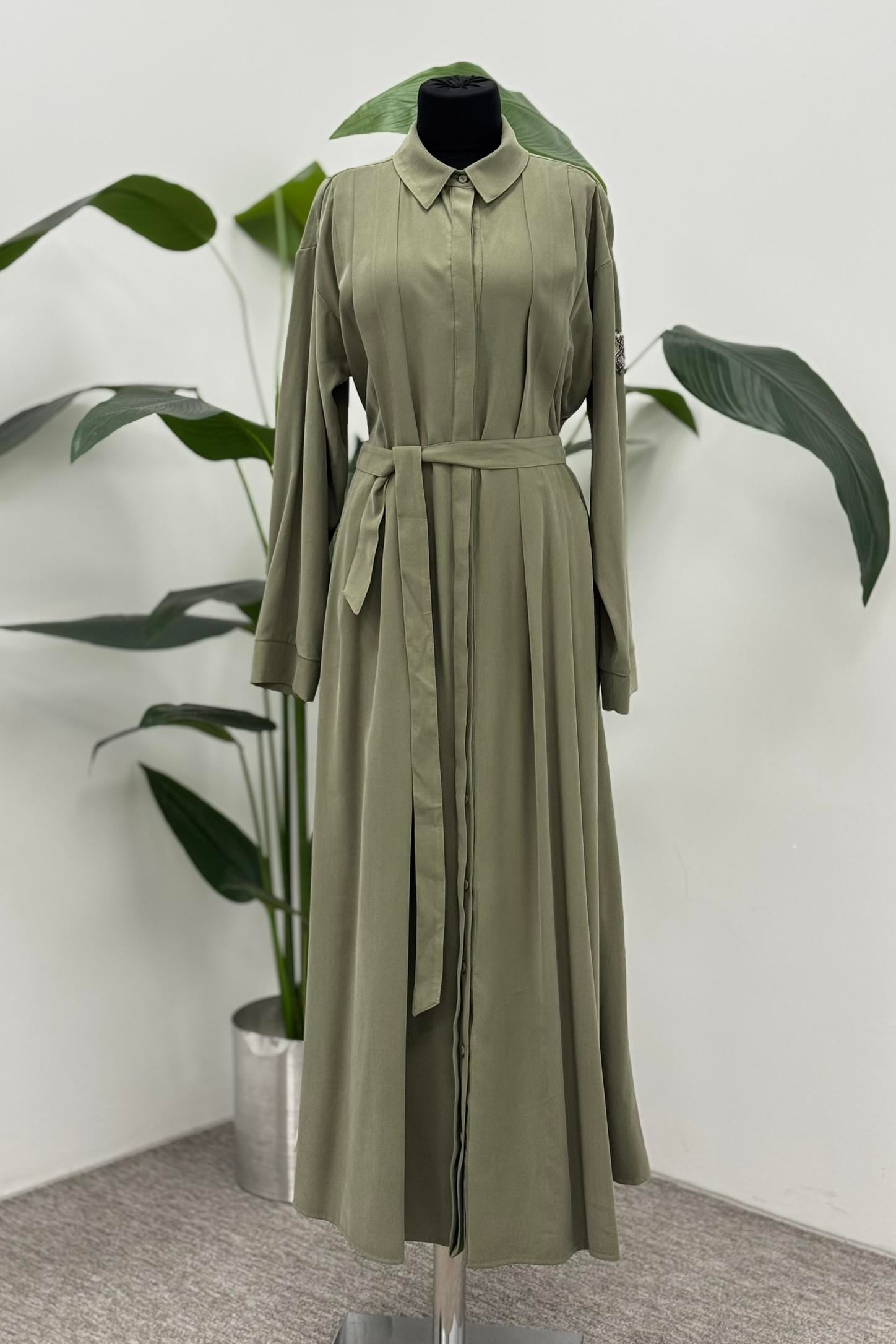 Ceremony 6717 Kolu Taş Detay Önden Düğmeli Gömlek Elbise - Haki