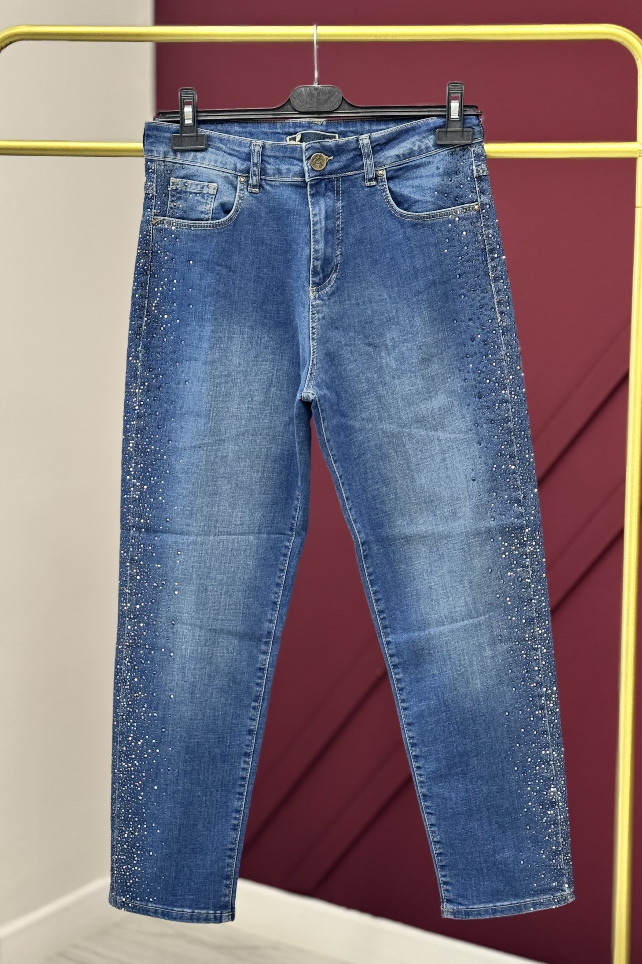 Yan Damla Taş İşlemeli Mom Pantolon 0291-YT - Mavi