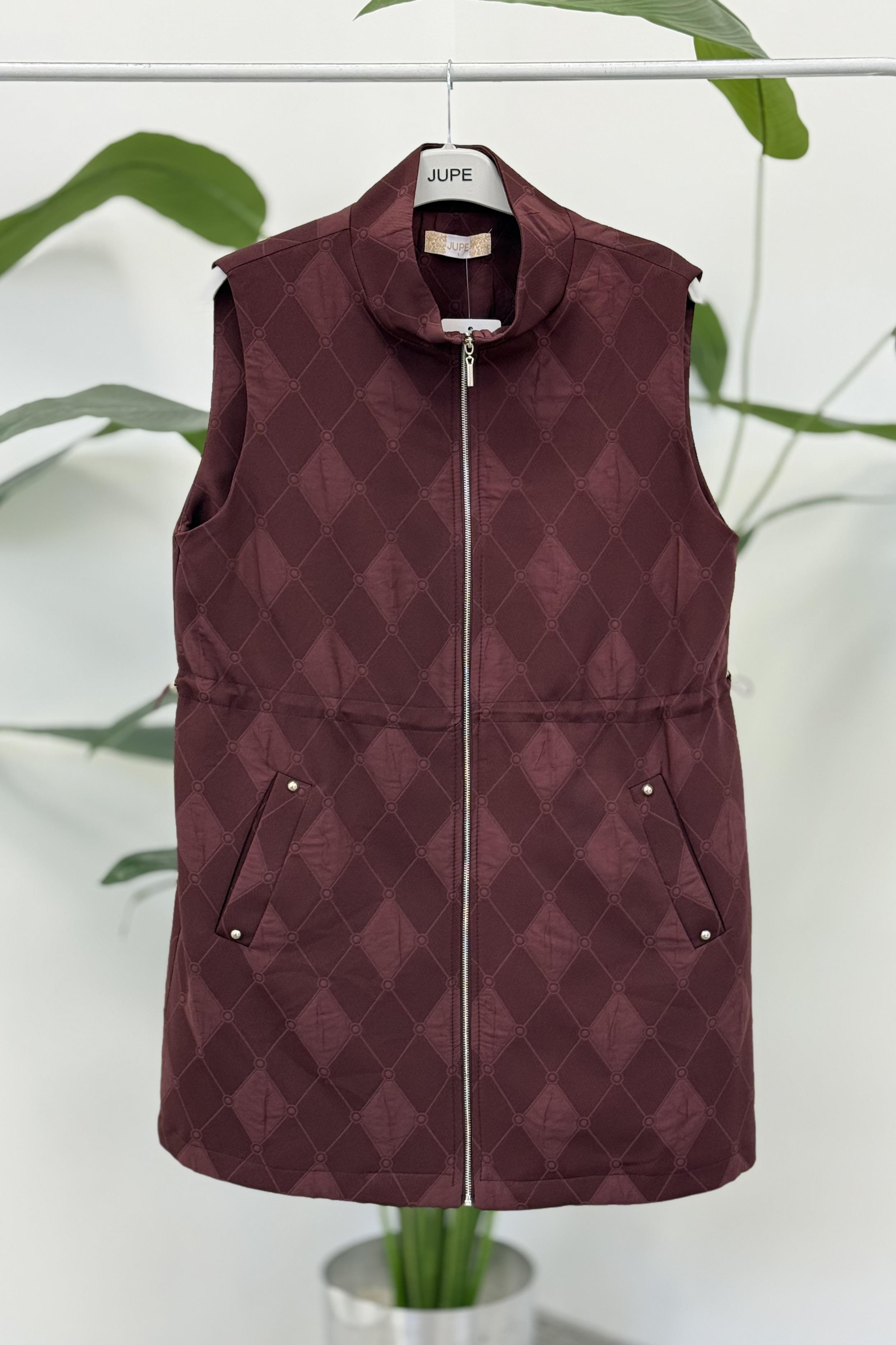 Jupe 9269 Kendinden Baklava Desenli Fermuarlı Yelek - Bordo