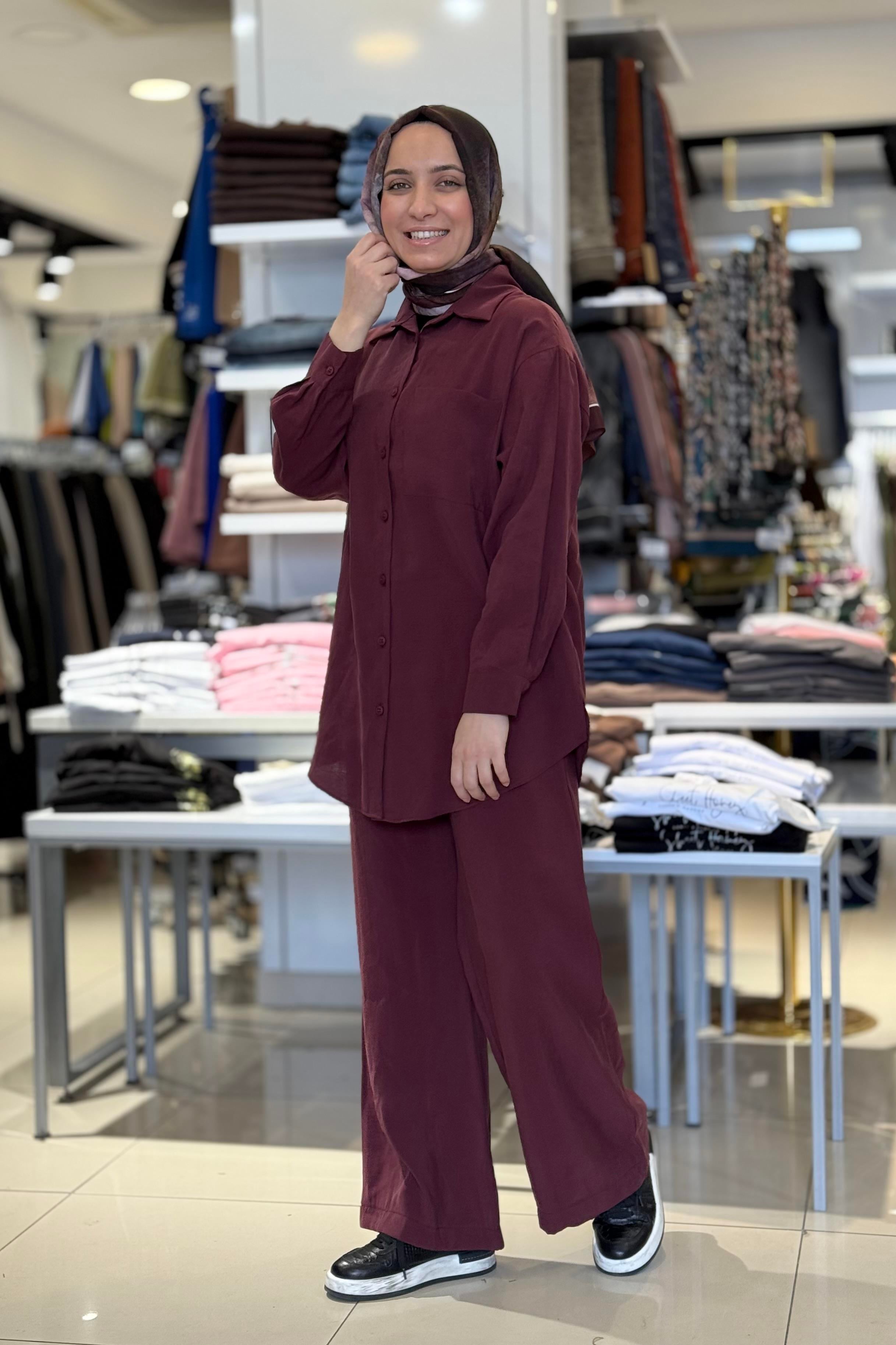 PUANE Basic Uzun Gömlekli Pantolonlu Takım 14331 - Bordo Basic Uzun Gömlekli Pantolonlu Takım 14331 - Bilen Giyim Takım 