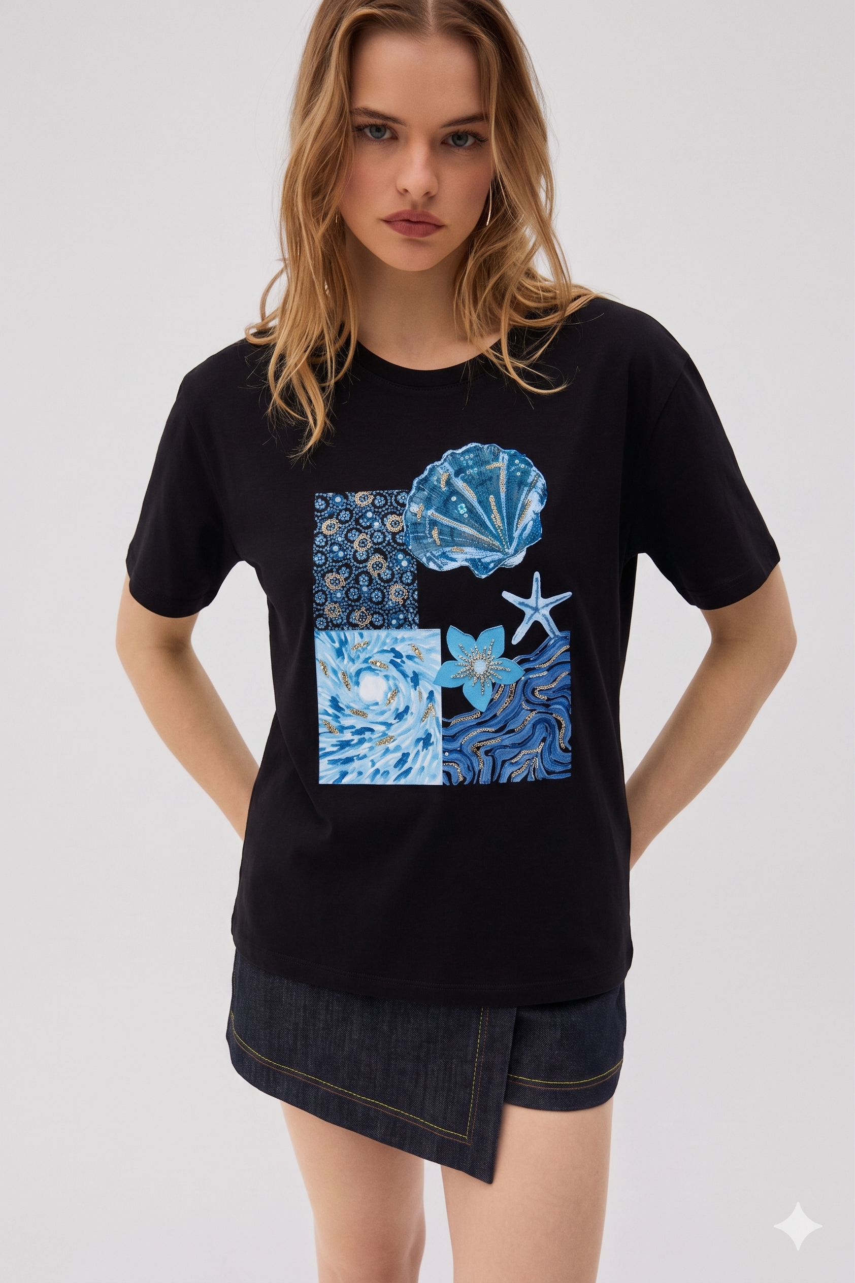 Deniz Kabuğu Payet İşlemeli Tshirt 4048 - Siyah