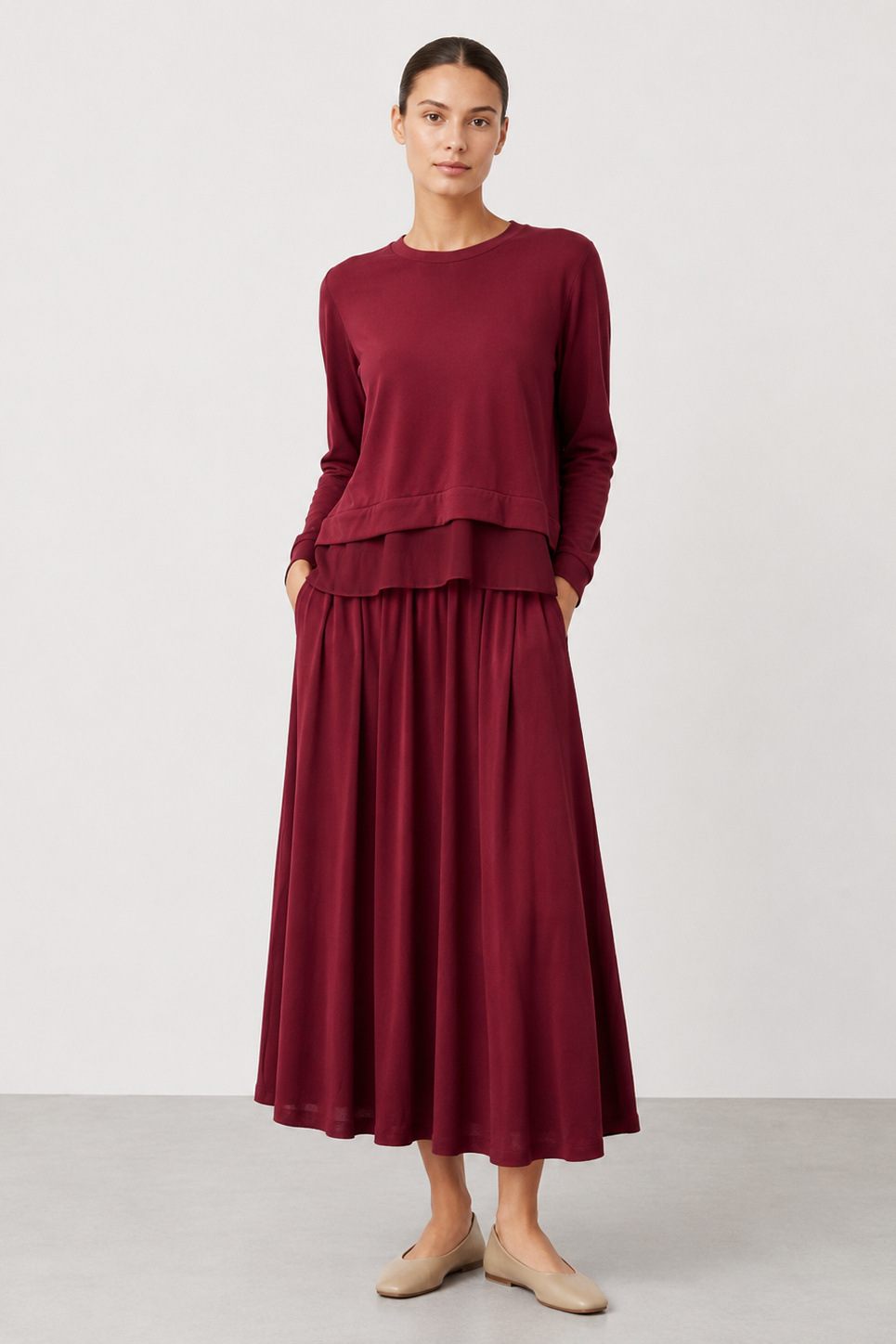 Bluzun Ucu Şifon Detay Etekli Takım 14420 - Burgundy