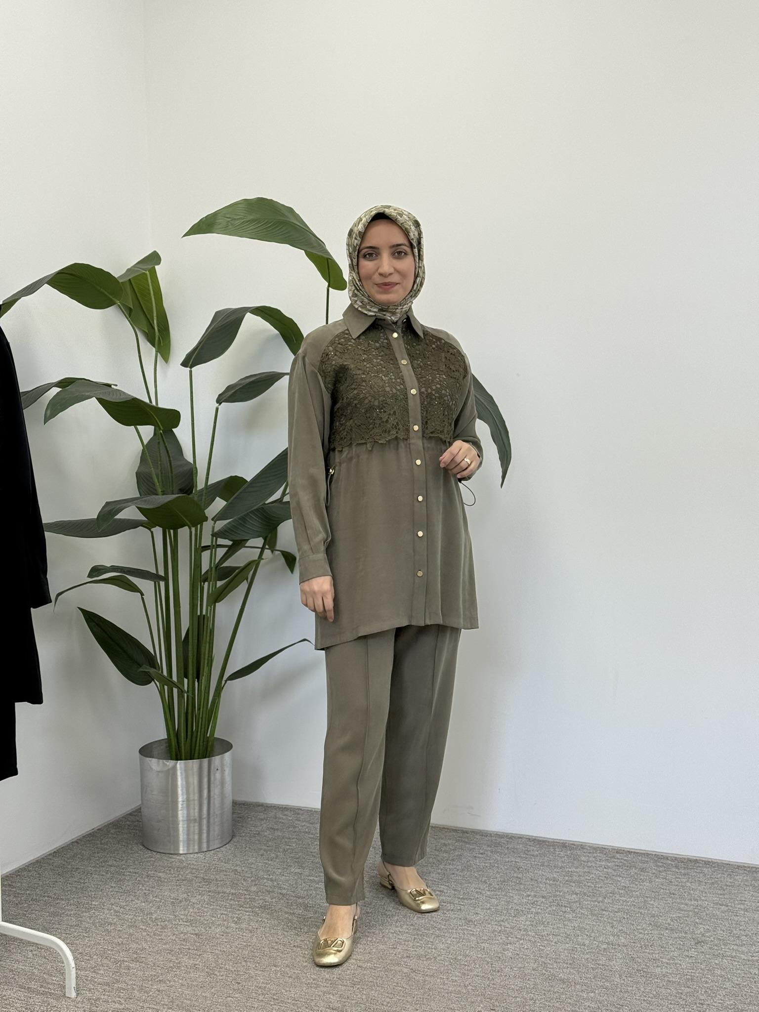 Payet ve Dantel İşlemeli Pantolonlu Takım 1394 - Haki