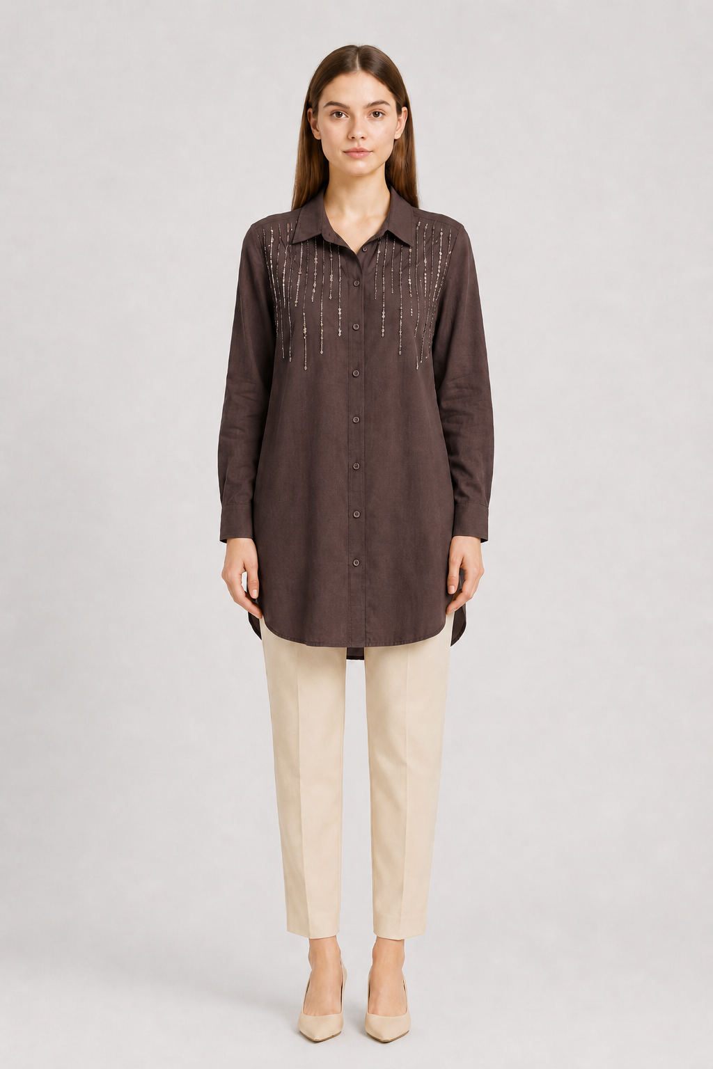 Omuzu Boncuk Detaylı Tunik 10794 - Browni