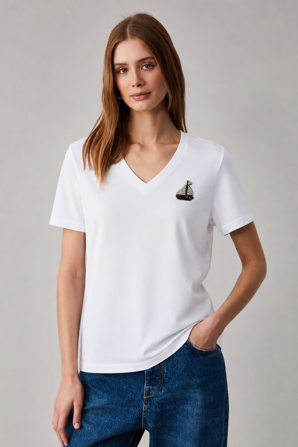 Gemi Aksesuarlı V Yaka Tshirt 4052 - Beyaz