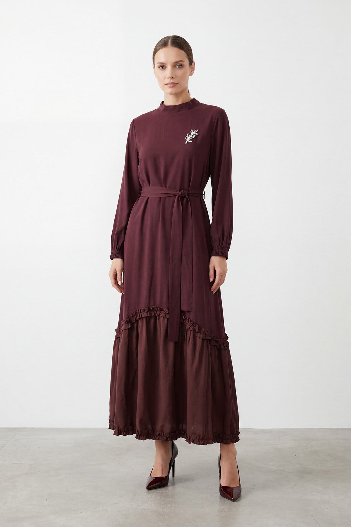 Yaka Broş Detay Elbise 12675 - Burgundy