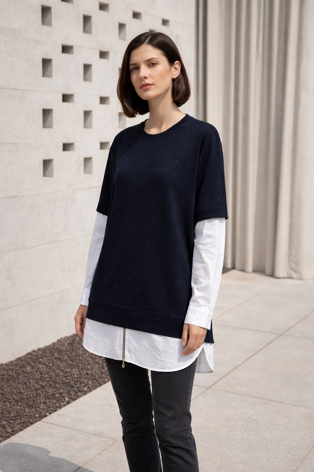 Taş Baskılı Etek Ucu Fermuarlı Tunik 10761 - F.Navy